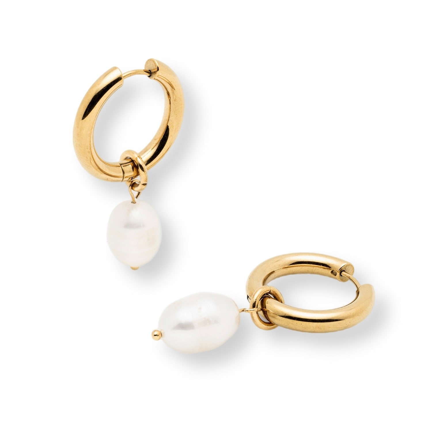 Mink&ivy Men's Gold / White Natural Fresh Water Pearl Hoops Waterproof Gold