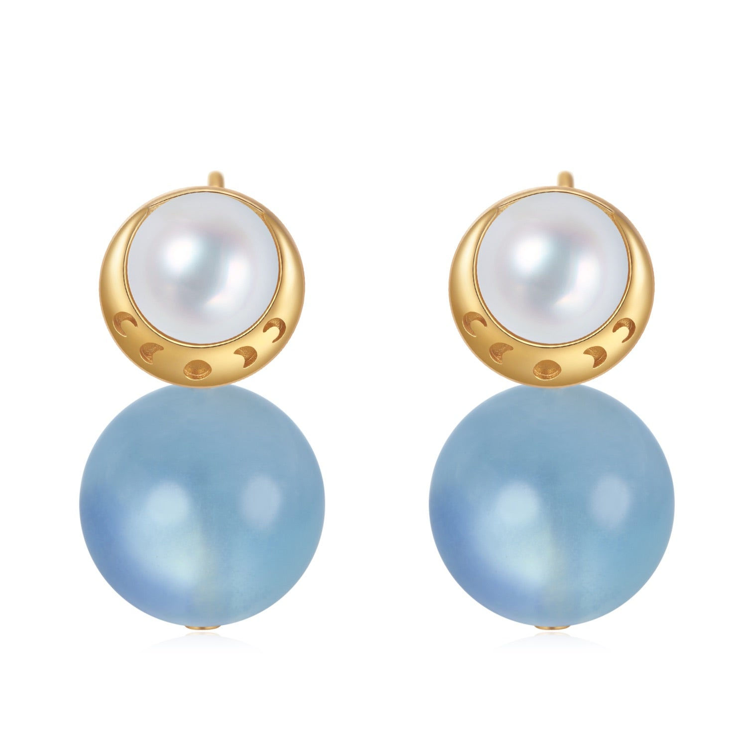 Aurozia Women's Blue Starry Moon Lunar Phase Gold Vermeil Aquamarine Pearl & Moon Crystal Stud Earrings