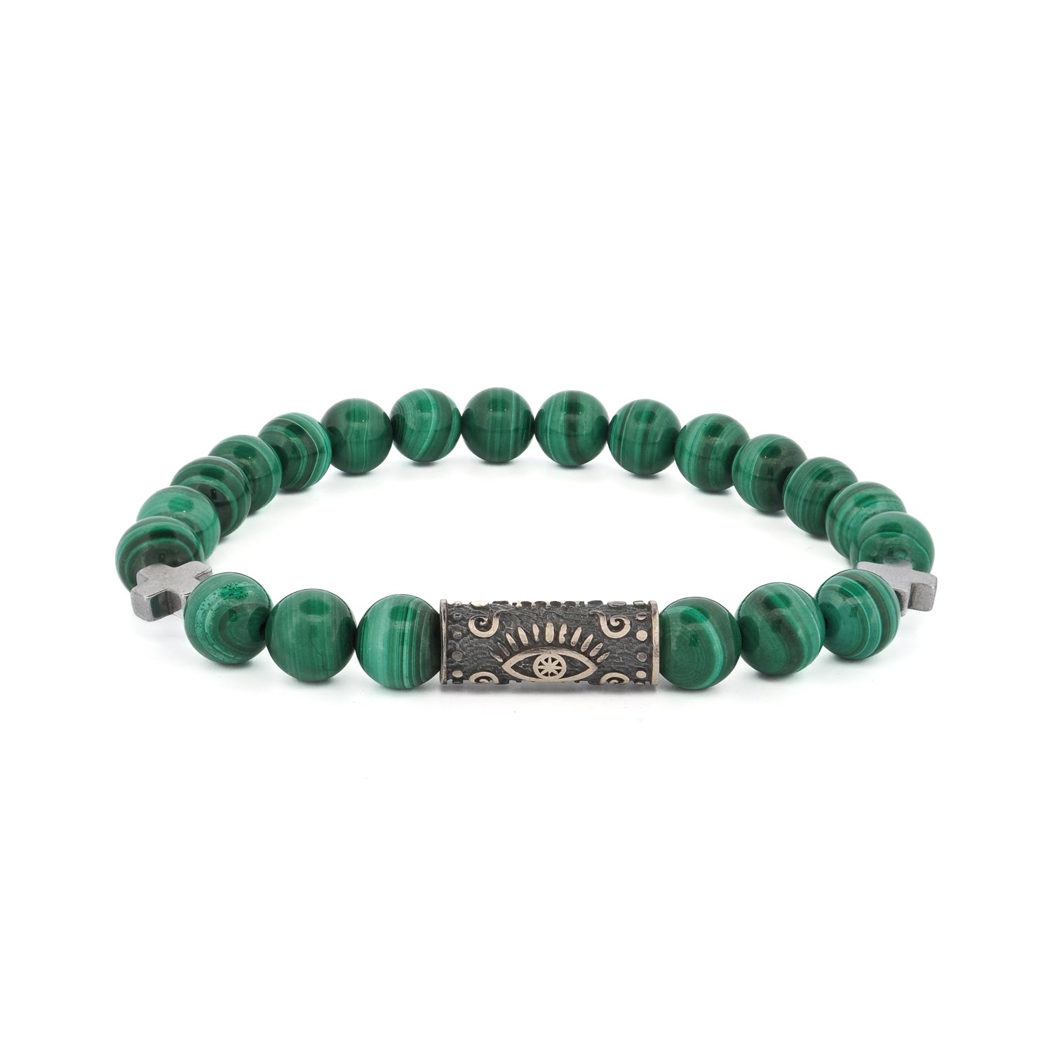 Ebru Jewelry Men's Green / Silver Green Malachite & Sterling Silver Unique Evil Eye Symbol Beaded Bracelet - Gree