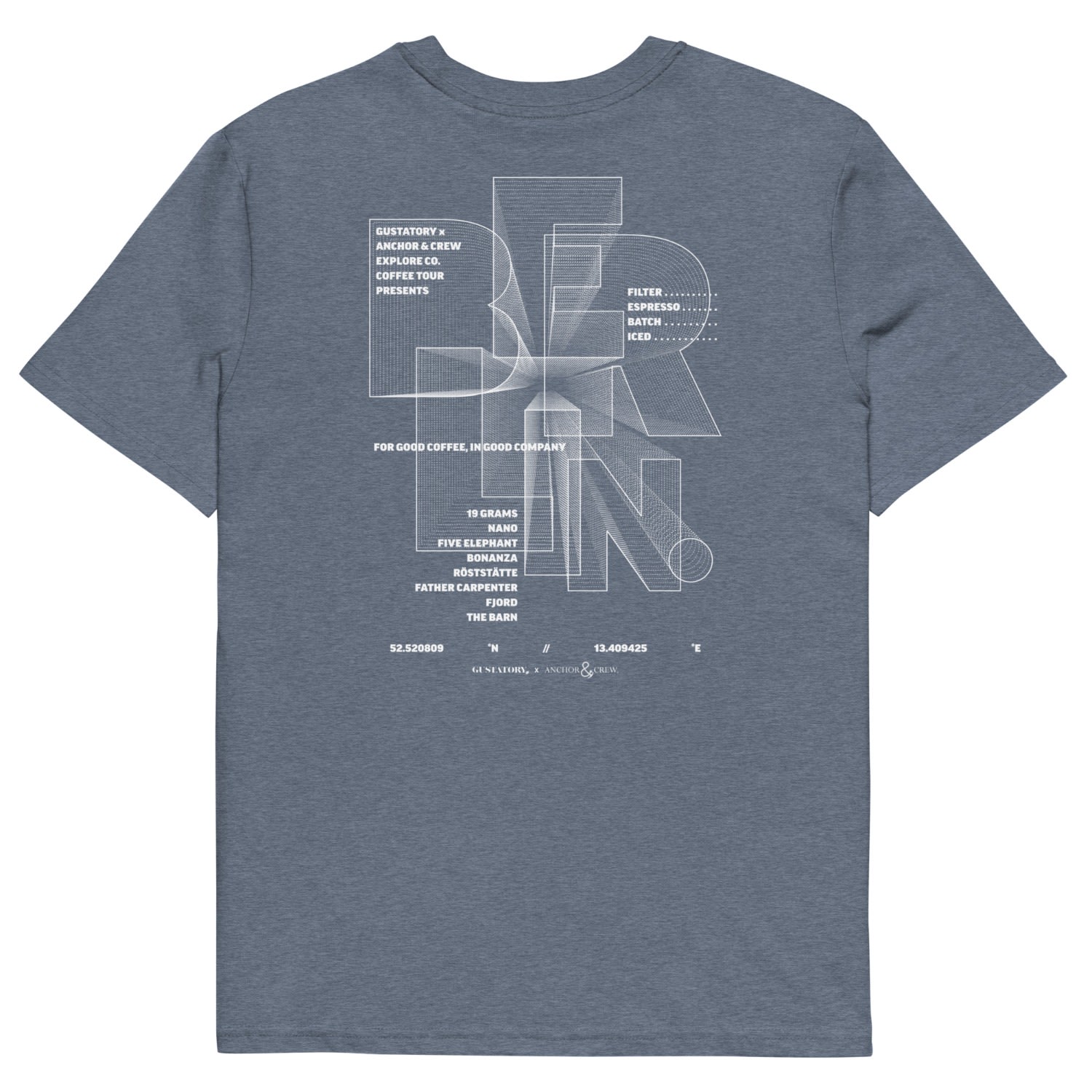Anchor & Crew Dark Heather Blue Gustatory London Coffee Scene Organic Cotton Embroidered T-shirt - Women In Blue
