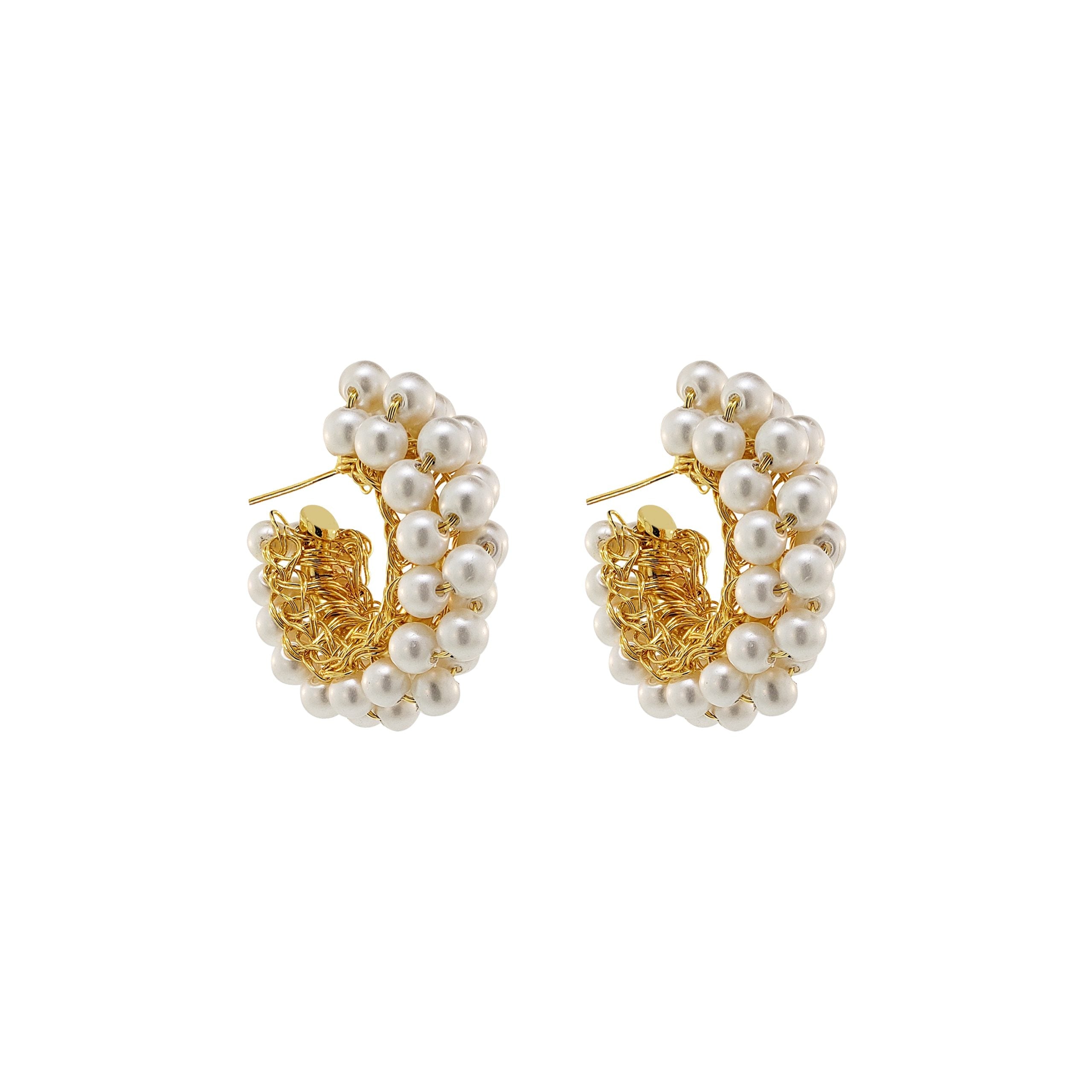 Lavish By Tricia Milaneze Women's Gold / White Pearl & Gold Dandelions Hoops Handmade Earrings