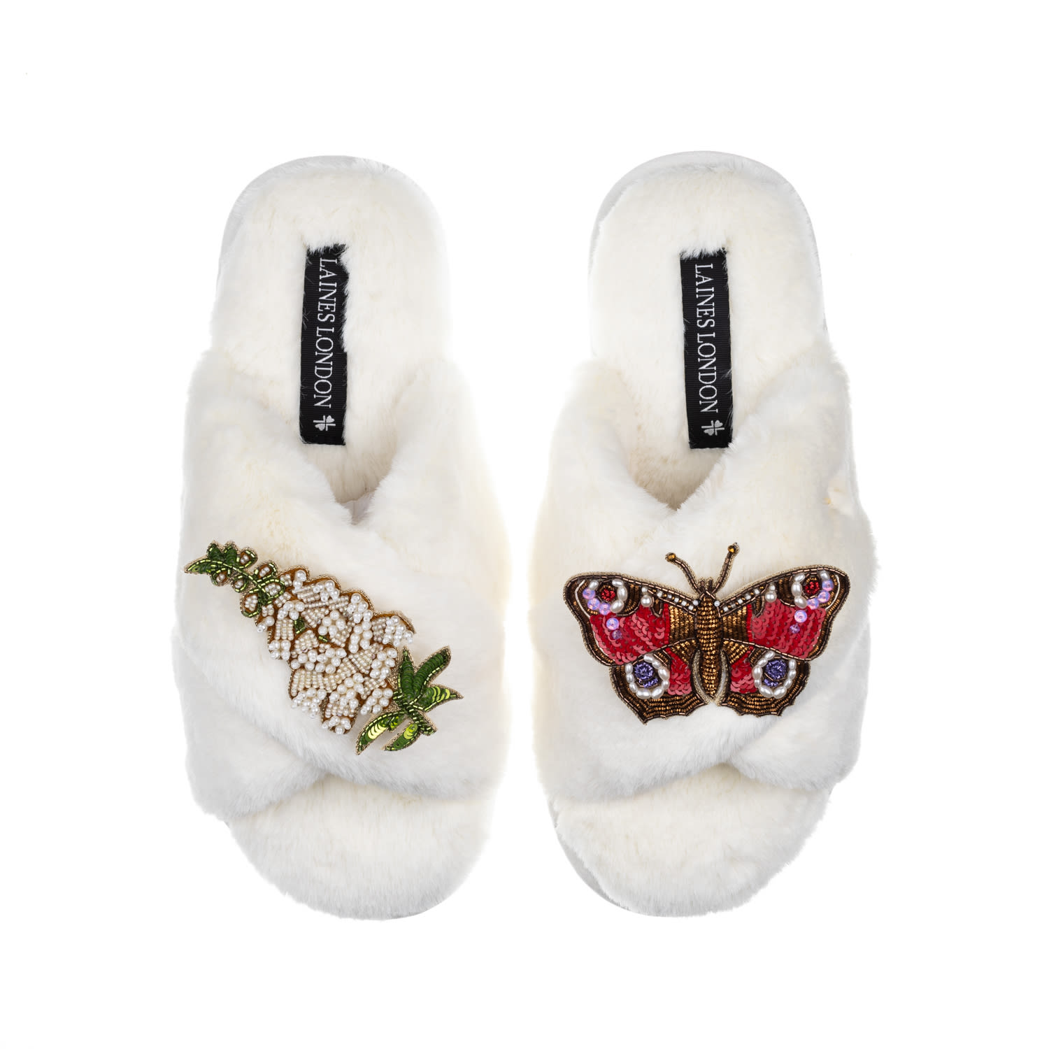 Laines London Women's Classic Laines Slippers With Butterfly & White Foxglove Flowers Brooches - Cream In White