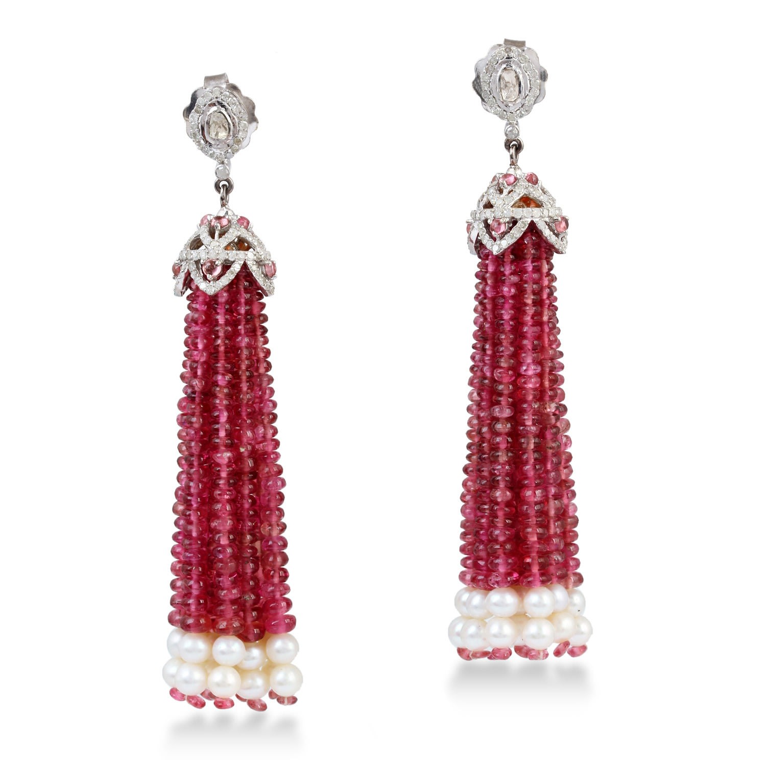 Women’s White / Pink / Purple Genuine Diamond 18K Gold & 925 Sterling Silver Natural Pearl Tassel Earrings Pink Tourmaline Gemstone Jewelry Artisan