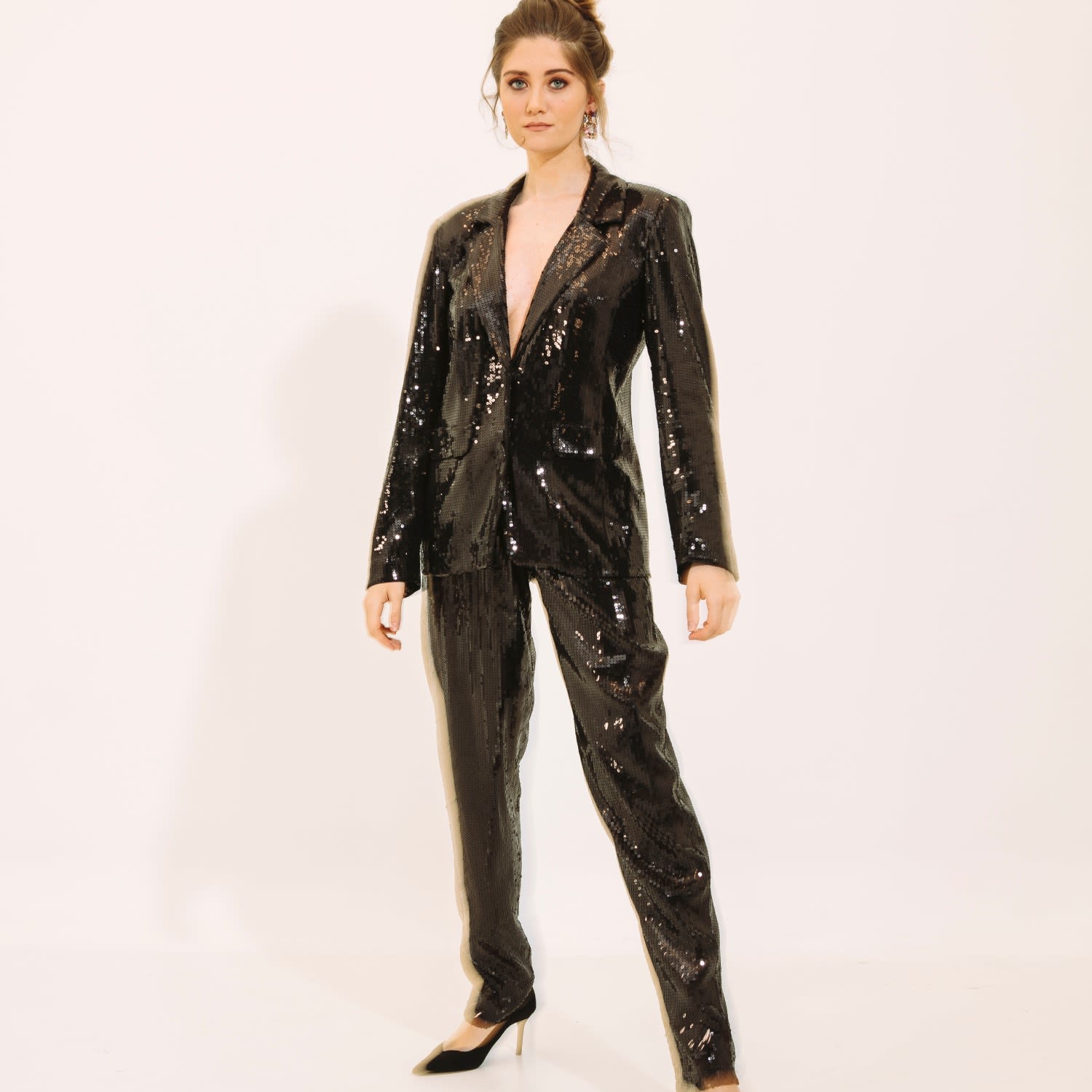 Black Sequin Blazer With Shoulder Pads, u0026 High Waist Trouser Suit | NALÈ |  Wolf u0026 Badger