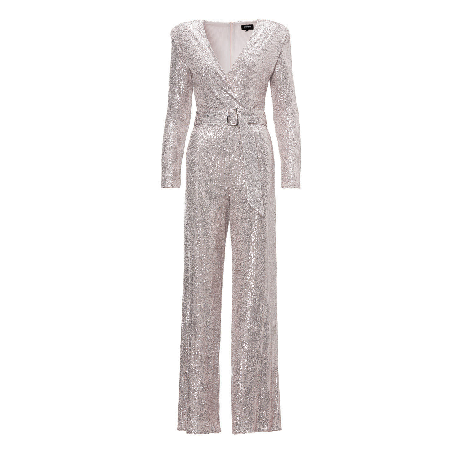 Bluzat Women's Gold Maxi Jumpsuit With Structured Shoulders And Belt In Gold