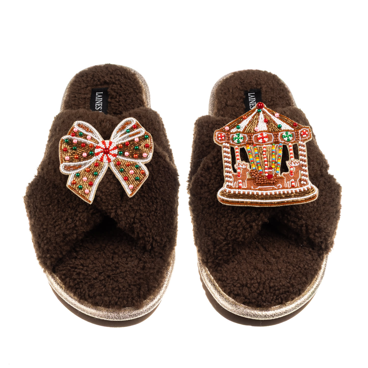 Laines London Women's Brown / Neutrals Laines Boucle Slippers With Christmas Gingerbread Bow & Carousel Brooches - In Brown