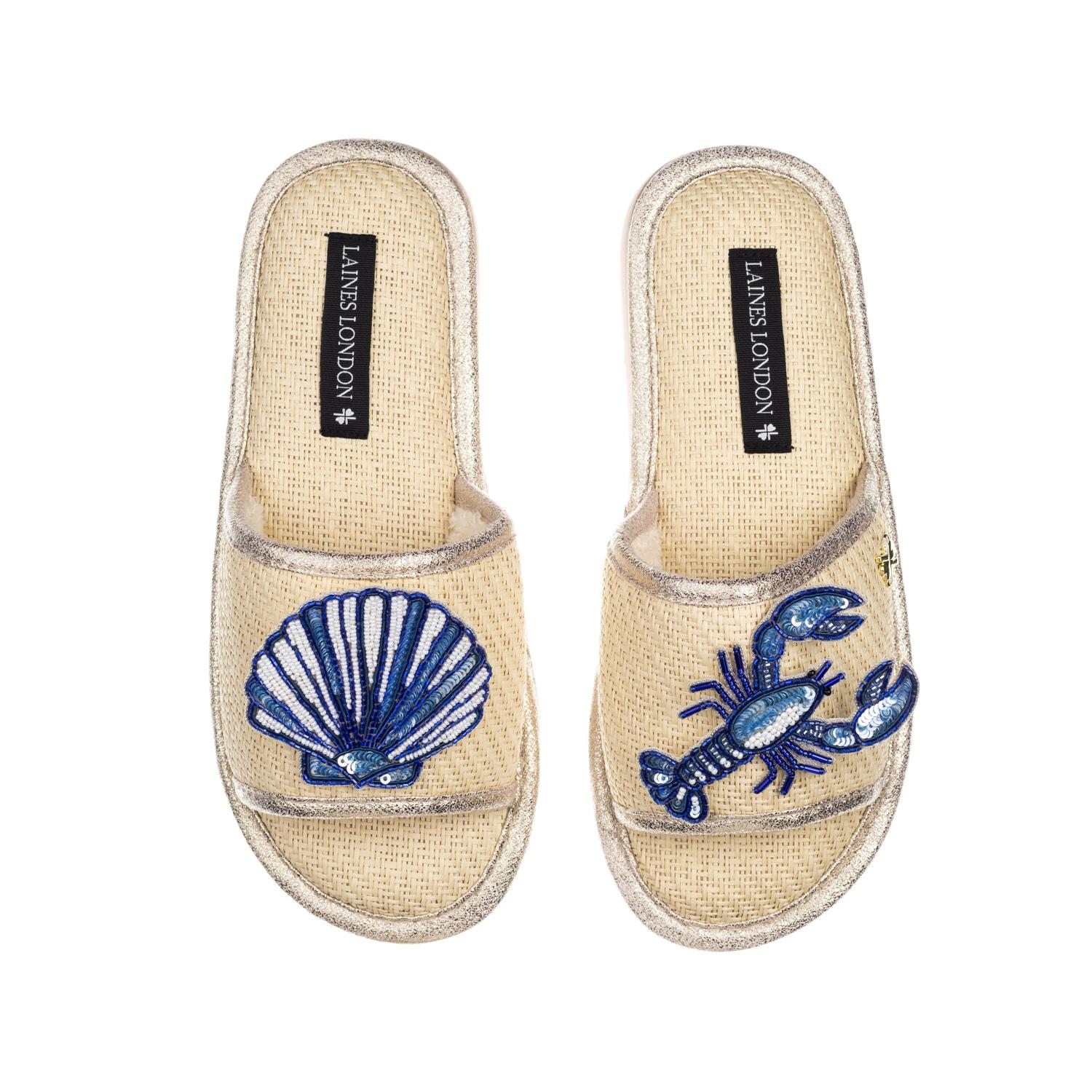 Laines London Women's White Straw Braided Sandals With Mediterranean Blue Shell & Lobster Brooches - Cream In White