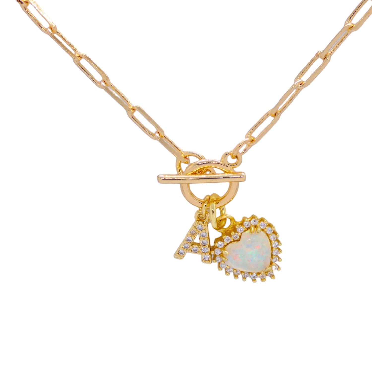Valerie Chic Women's White / Gold Initial Letter Opal Crystal Heart Necklace