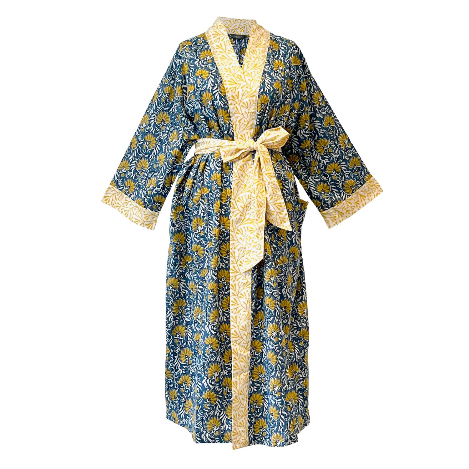 Lime Tree Design Women's Blue Floral Cotton Full Length Kimono