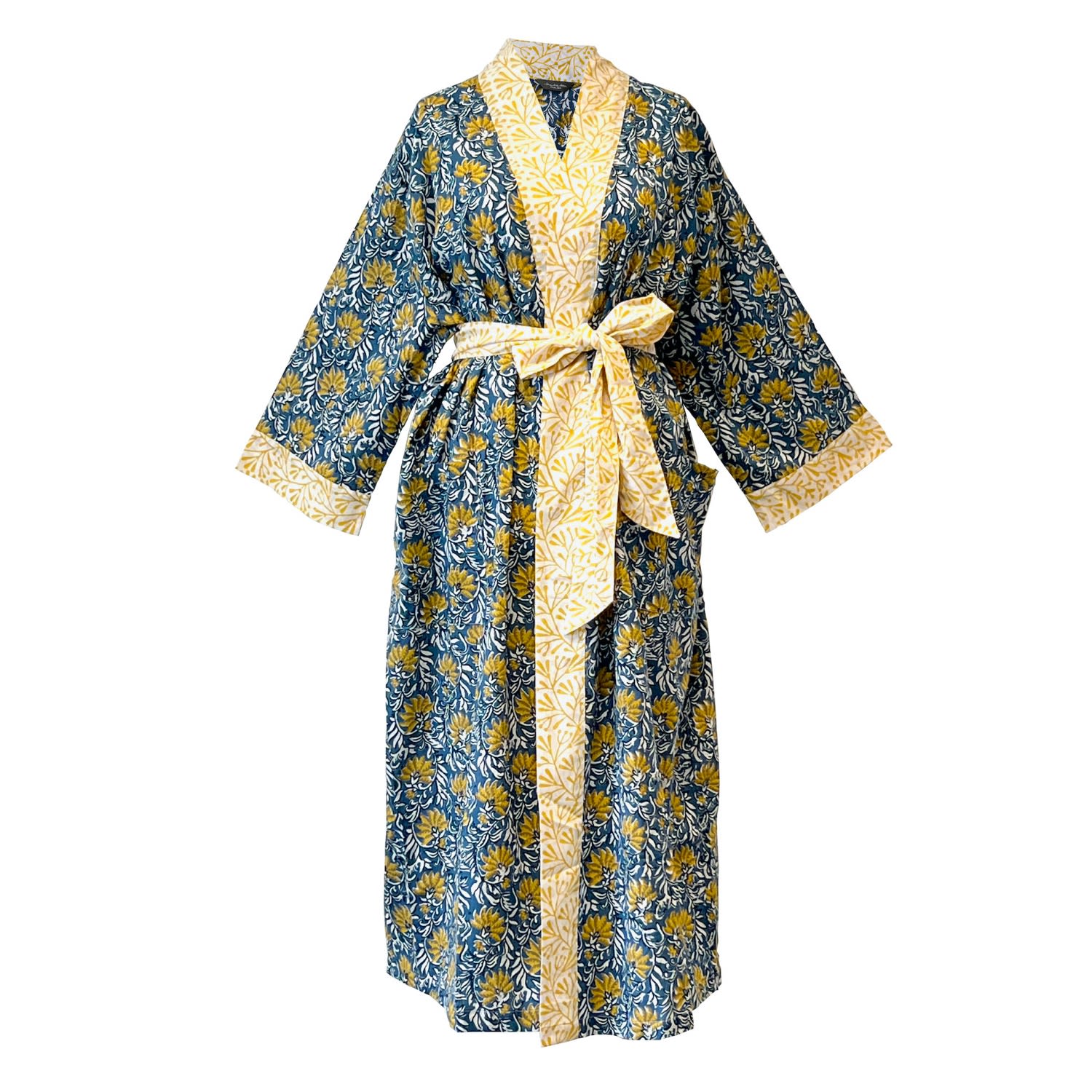 Lime Tree Design Women's Blue Floral Cotton Full Length Kimono In Blue