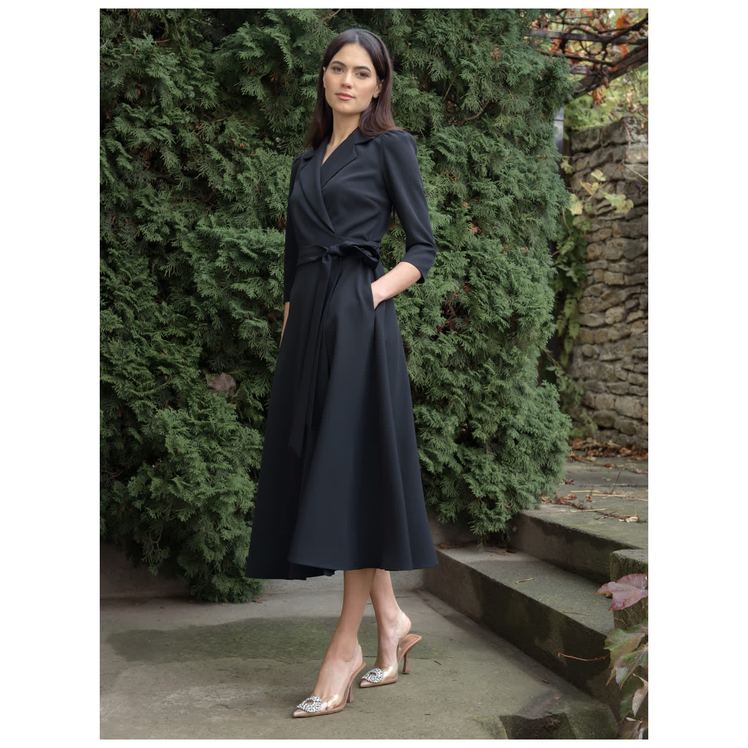 m*126【WIRROW】halfsleeveshirt dress Midi Black Wrap Shirt Dress With Pockets | concept A trois | Wolf