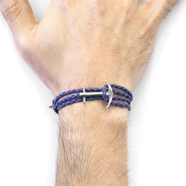 Anchor & Crew Royal Blue Admiral Anchor Silver And Braided Leather Bracelet In &