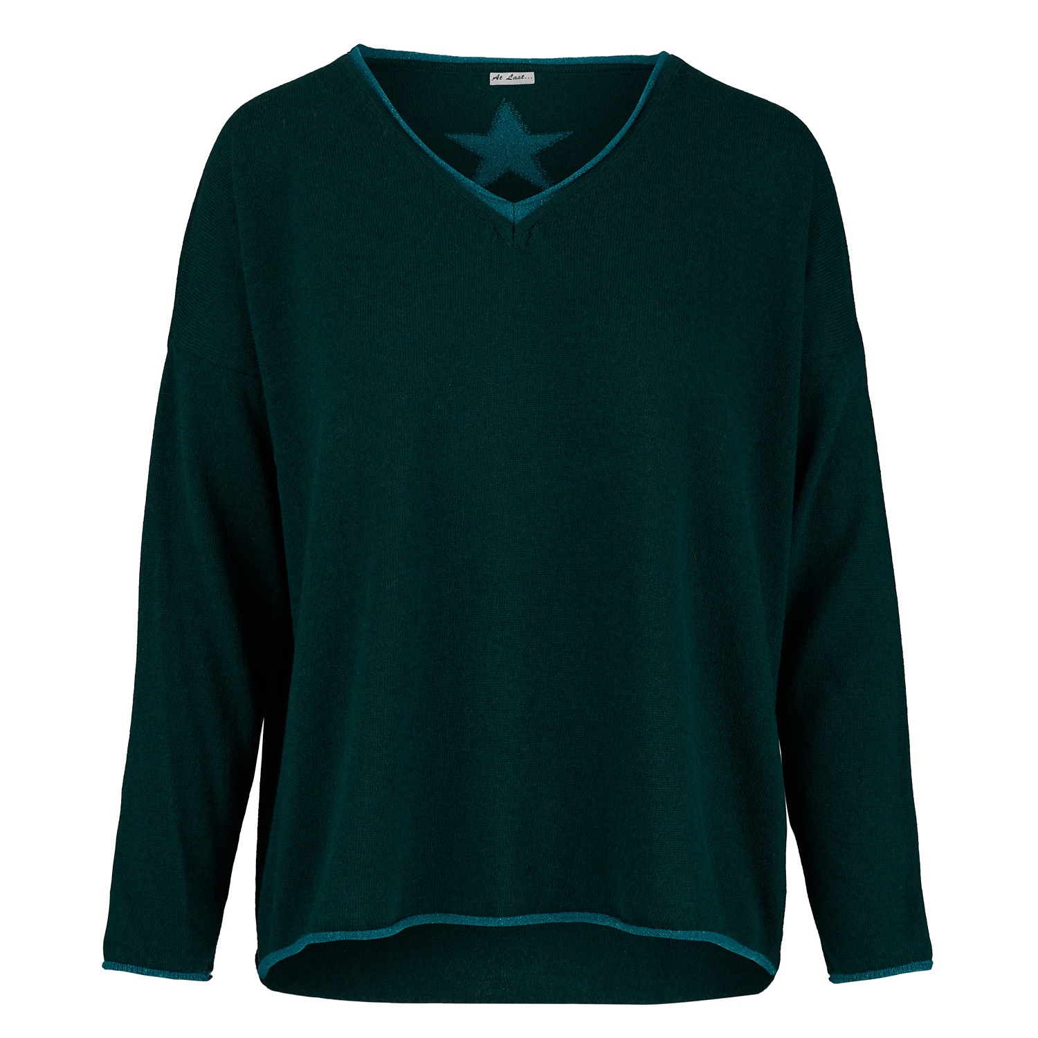 Women’s Cashmere Mix Sweater In Forest Green With Teal V-Neck & Star One Size At Last...