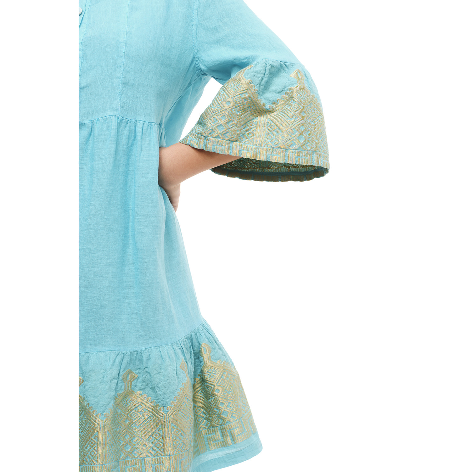 Haris Cotton Women's Cami Linen Dress With Embroidered Bell Sleeves And Hem - Zante Blue Gold In Green