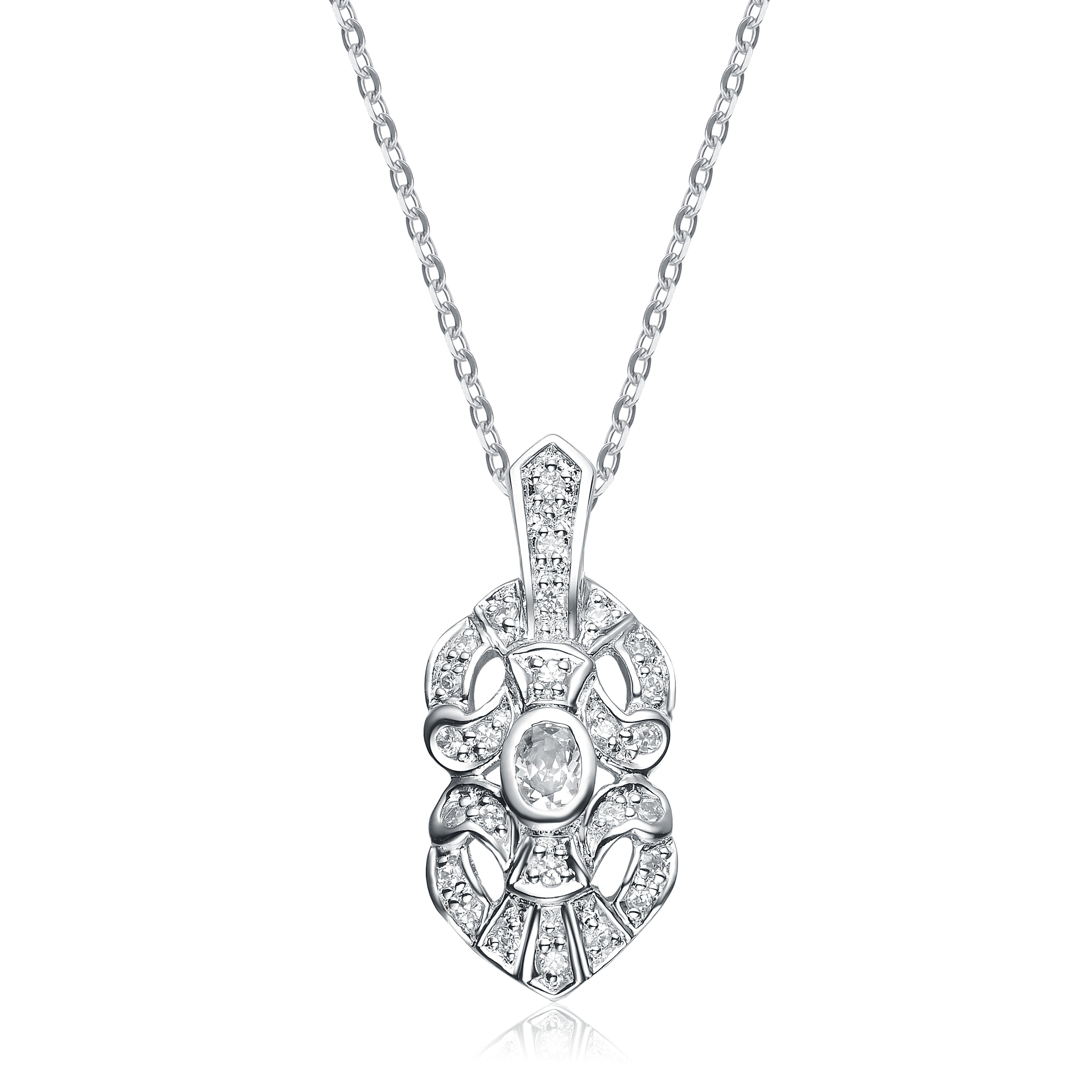 Women’s White / Silver Sterling Silver Rhodium Plated White Cubic Zirconia Pendant Necklace Genevive Jewelry