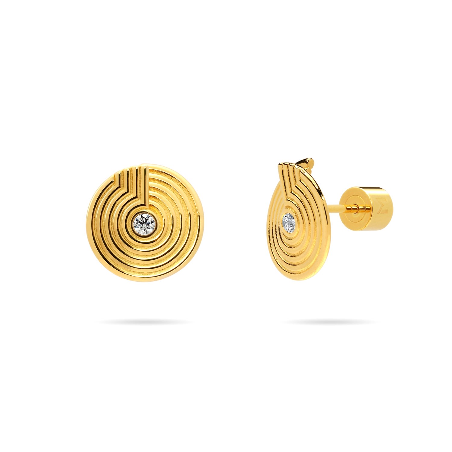 Women’s Open Twist Disc Stud Earrings With Engraved Circles And Cz - Gold Meulien