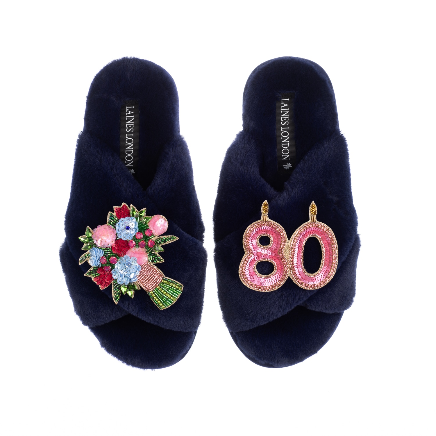 Laines London Women's Blue Classic Laines Slippers With 80th Birthday & Flowers Brooches - Navy In Blue