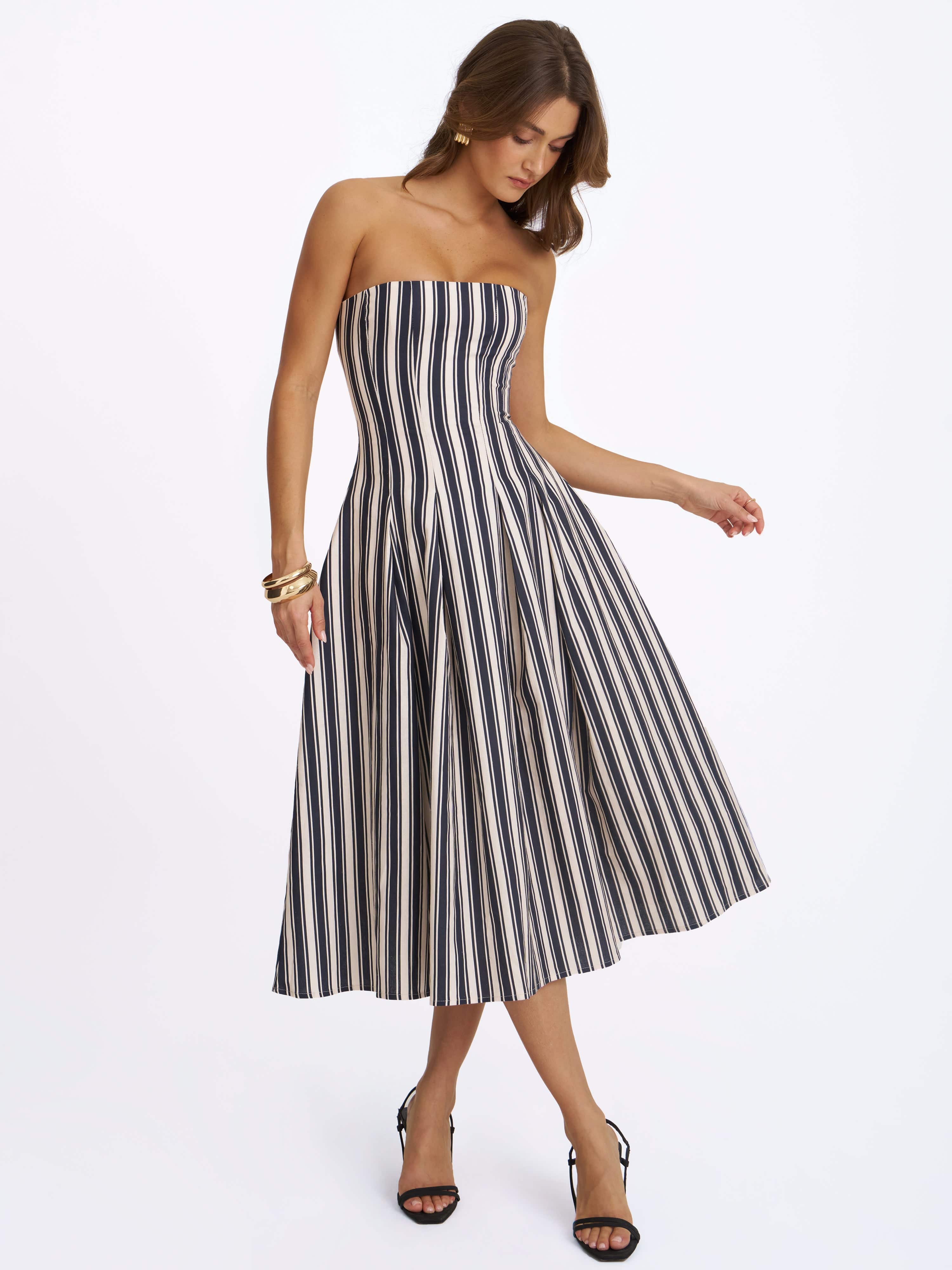 black and white striped linen dress Wyanne Black & White Linen Striped Strapless Midi Dress by Miss Circle New  York