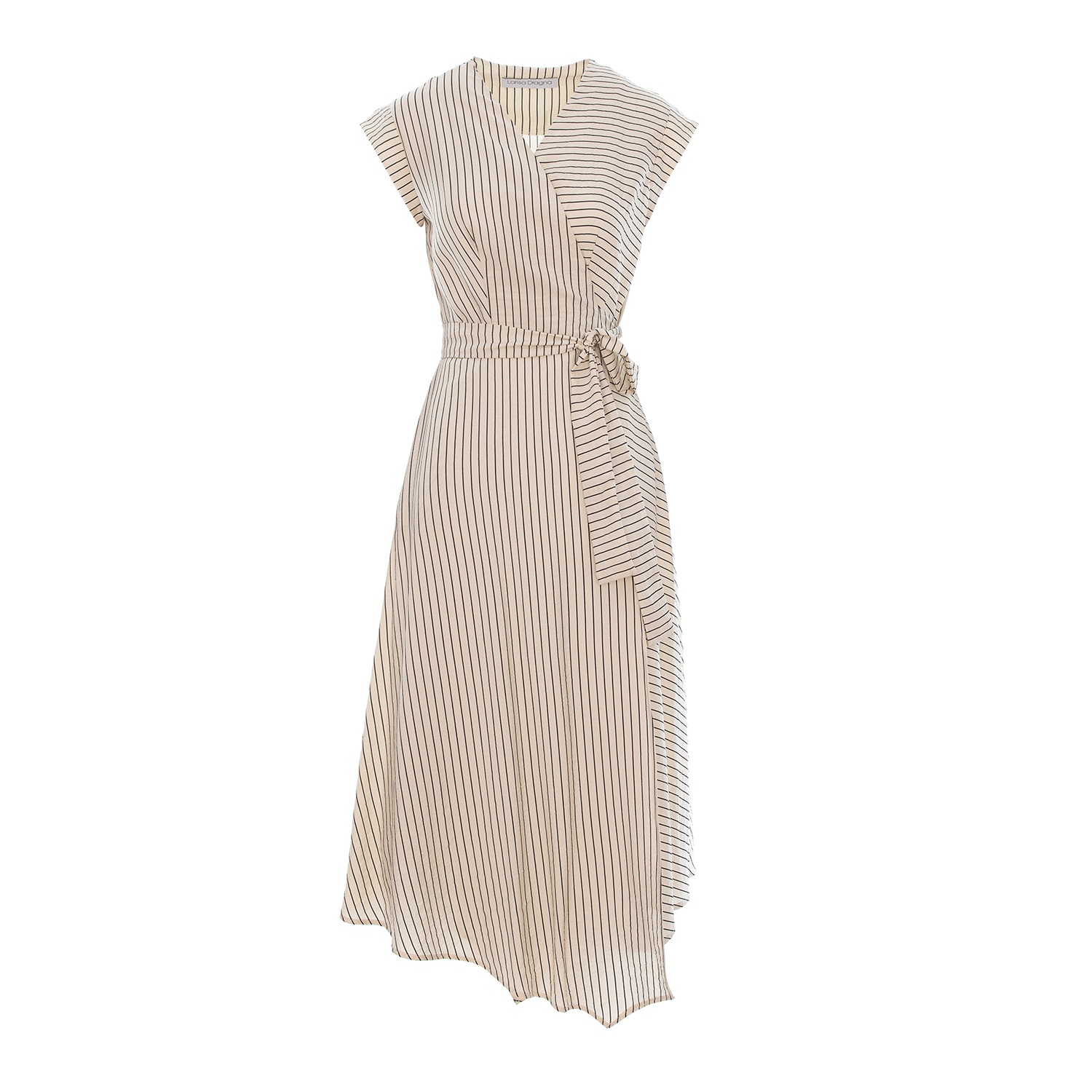 Larisa Dragna Women's Neutrals Beige Striped Wrap Midi Dress – Retro Elegance