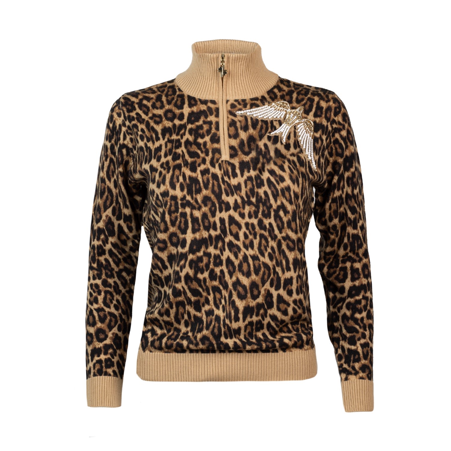 Women’s Black / Brown Laines Couture Animal Print Quarter Zip Jumper With Embellished Pearl Bird Medium Laines London