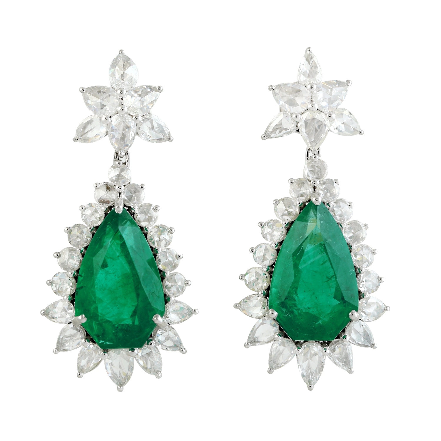 Women’s White / Green Fancy Emerald & Rose Cut Diamond In 18K White Gold Designer Dangle Earrings Artisan