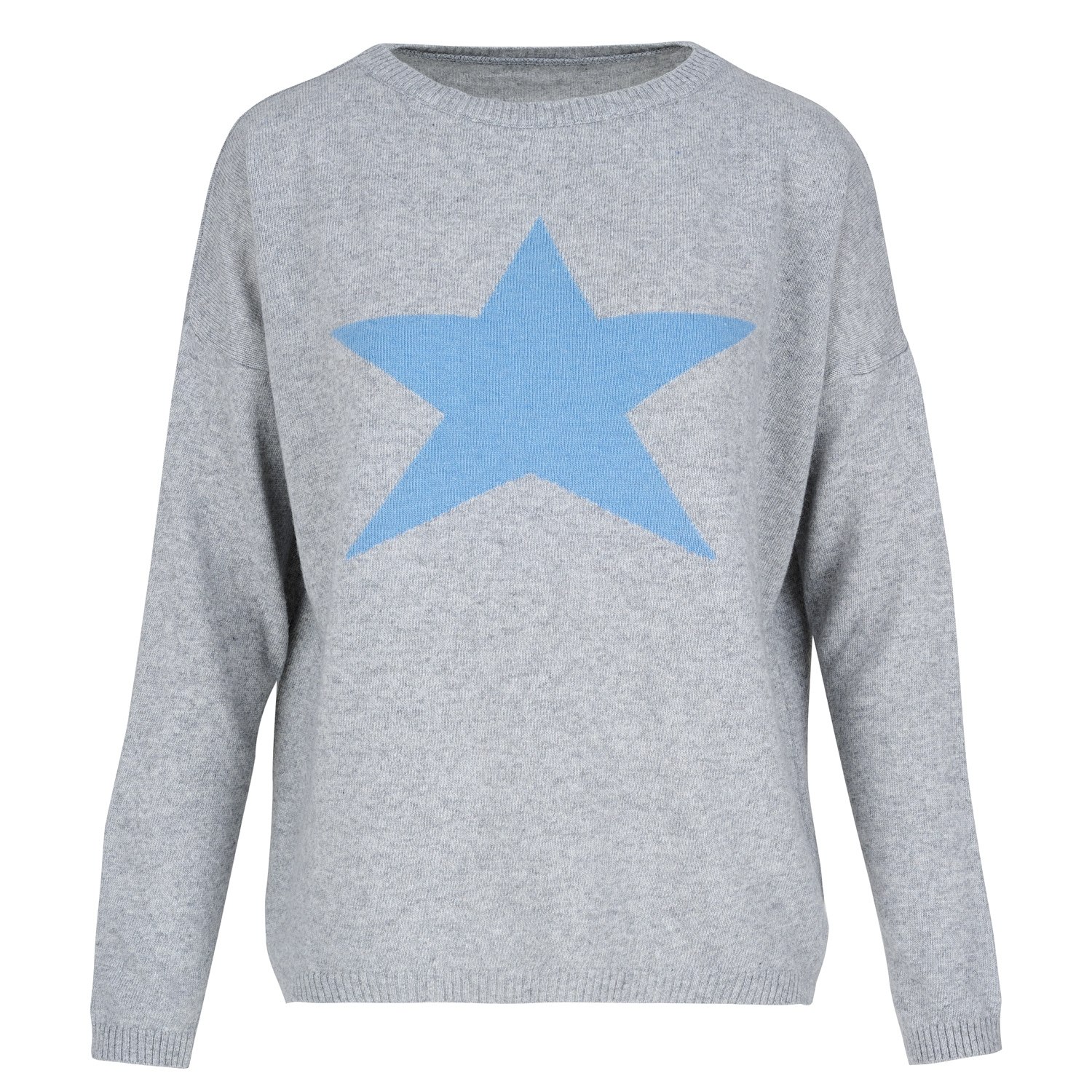 Women’s Cashmere Mix Sweater In Grey With Sky Blue Star One Size At Last...