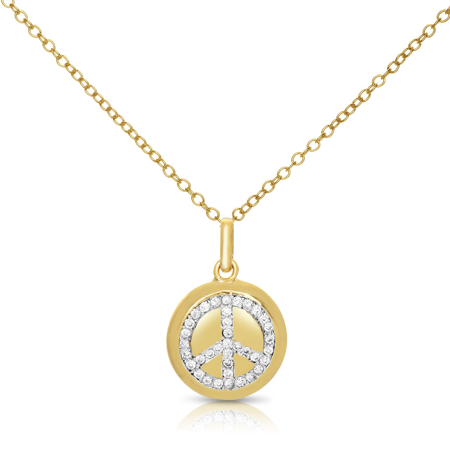 Women’s Gold / White Cubic Zirconia Sterling Silver Gold Plated Peace Symbol Disc Pendant Genevive Jewelry