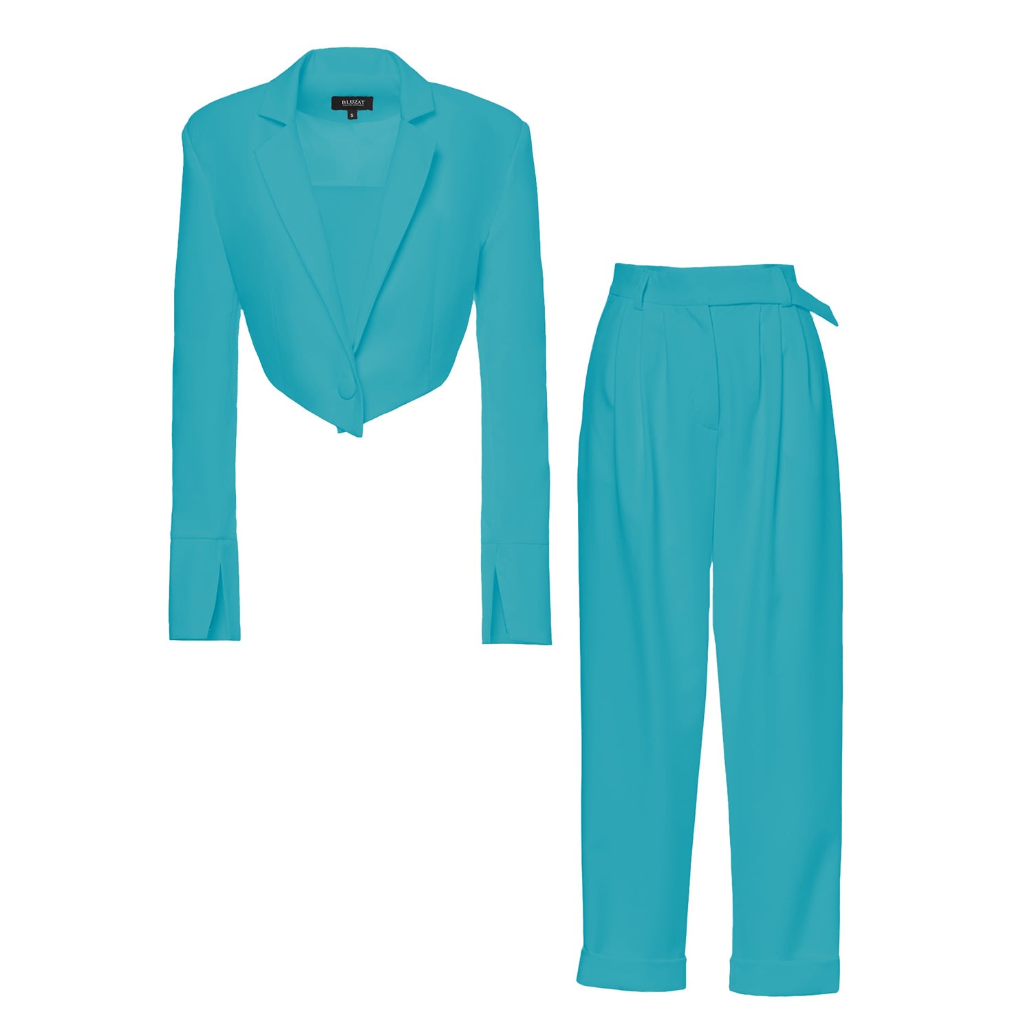Bluzat Women's Blue Turquoise Suit With Cropped Blazer And Trousers In Blue