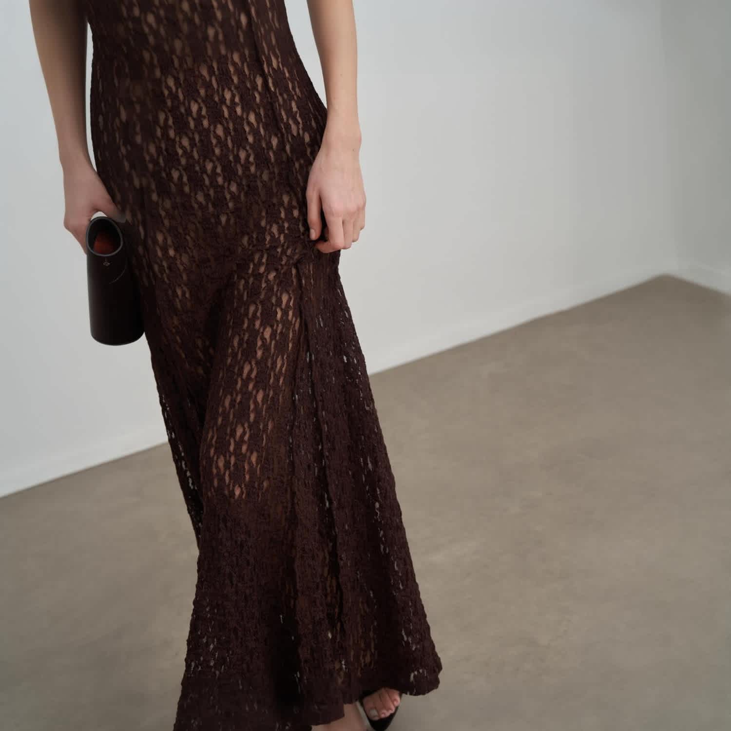 brown and lace dress SILENTIUM MAXI DRESS IN CHOCOLATE BROWN LACE  DE LA VALI OFFICIAL
