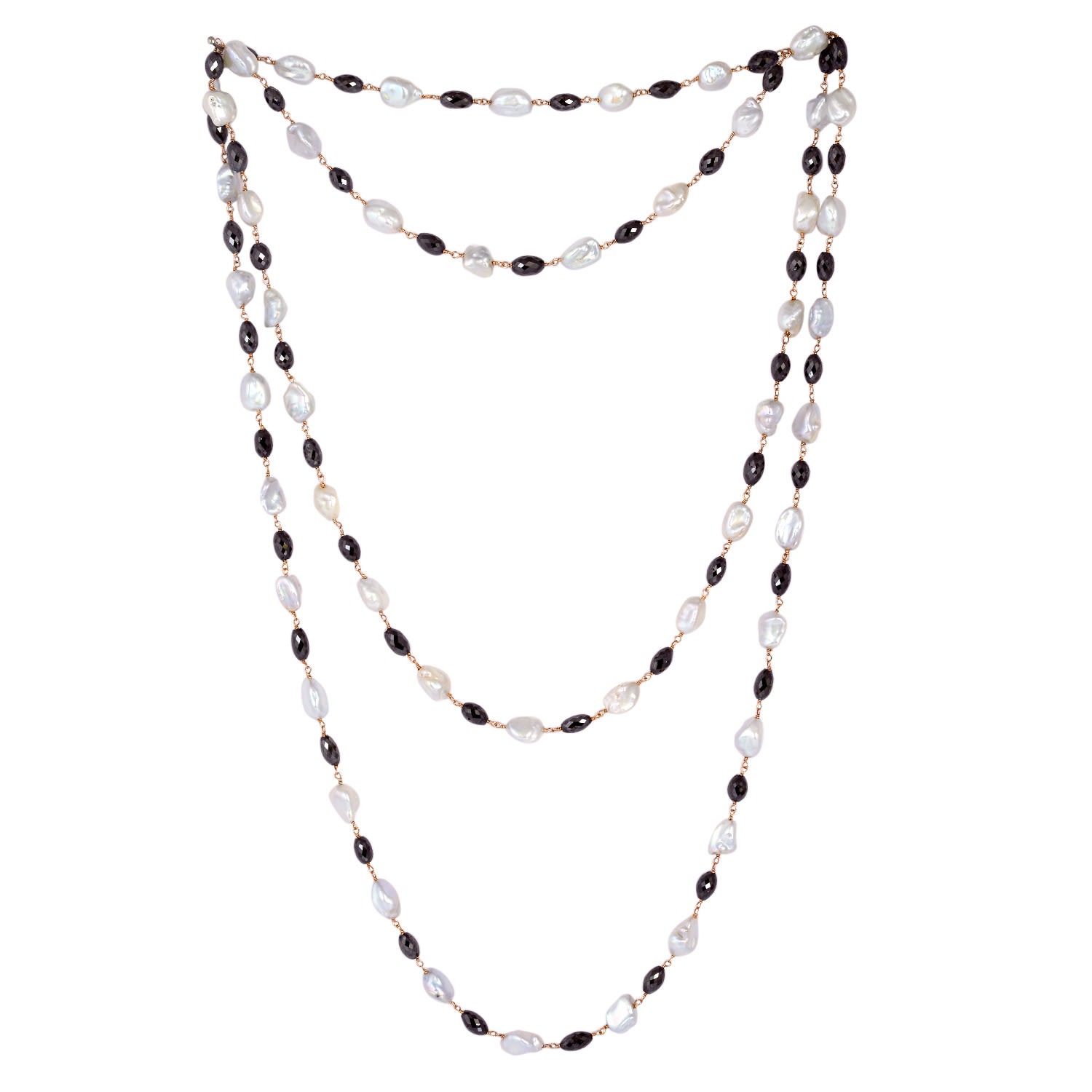 Women’s Black / Gold / White Natural Pearl Black Diamond Beads 18K Solid Gold Long Chain Necklace Jewelry Artisan