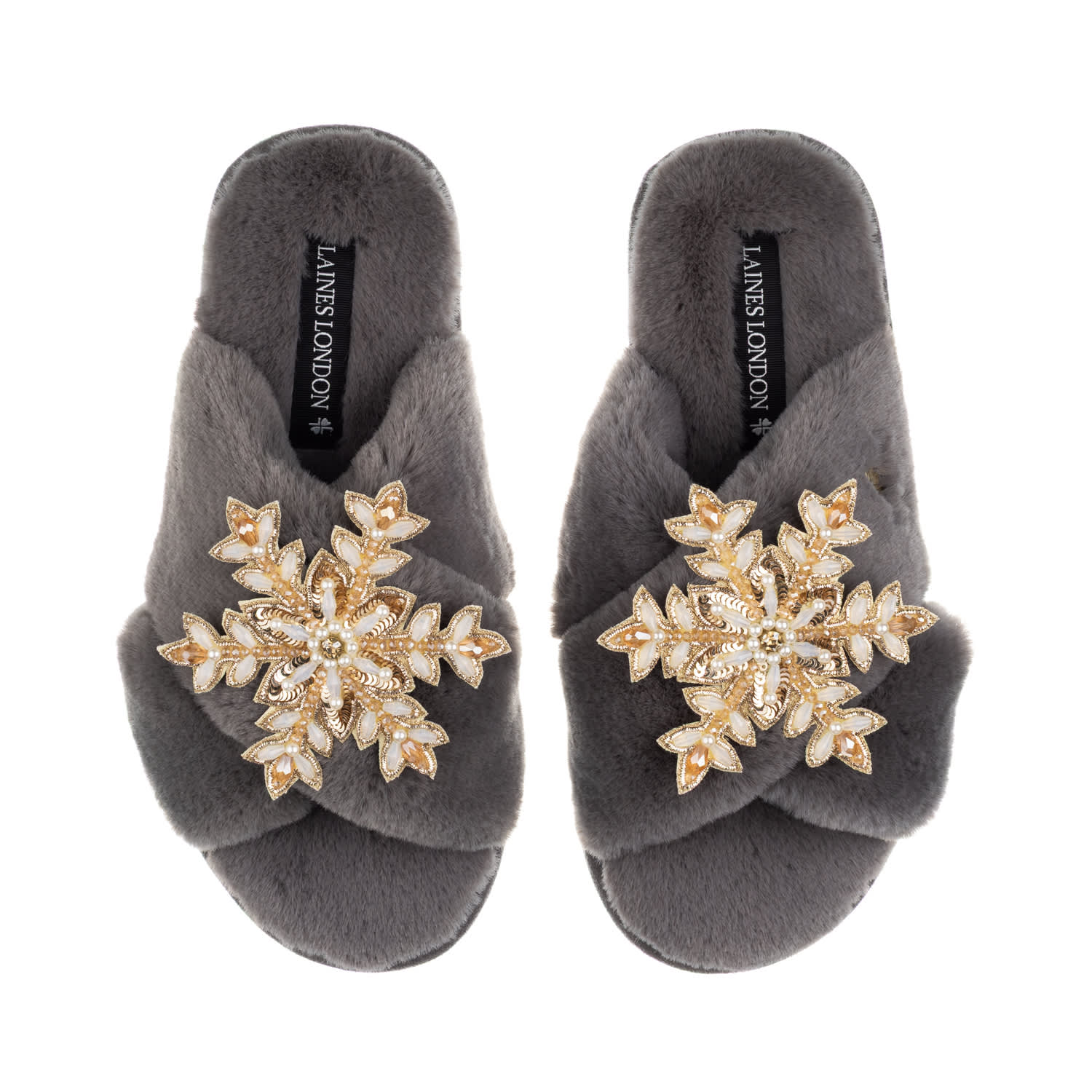 Laines London Women's Classic Laines Christmas Collection Slippers With Double Cream & Gold Snowflake Brooches - G In Gray