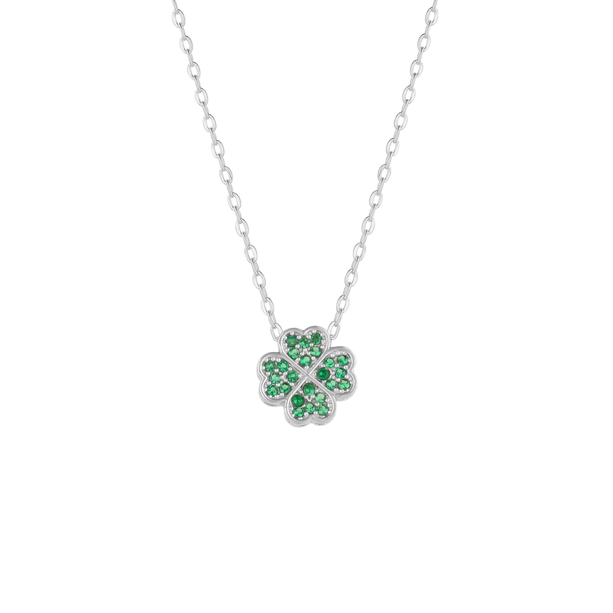 Mejoma Women's Green / Silver Four Leaves Clover Necklace In Silver With Green Gemstones
