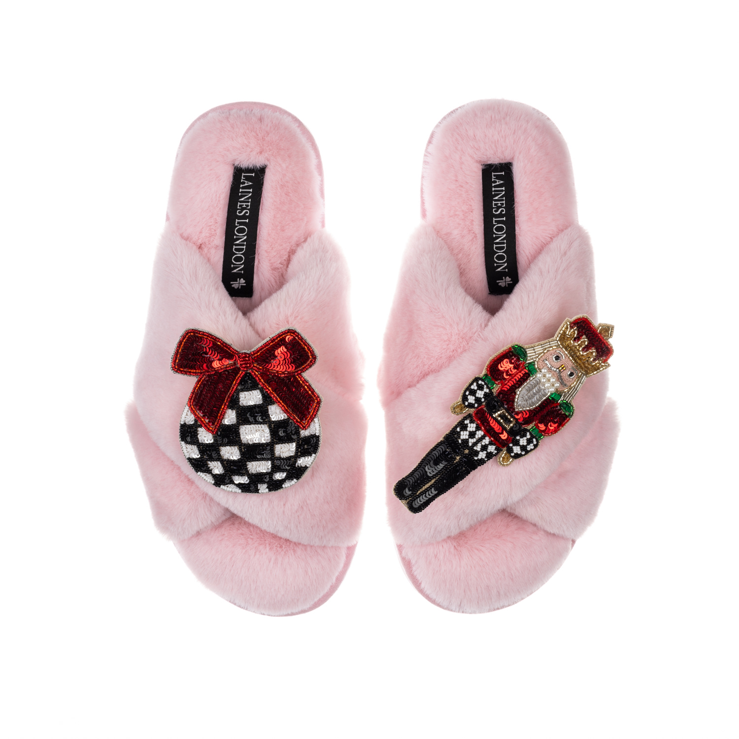 Laines London Women's Pink / Purple Classic Laines Slippers With Christmas Red Nutcracker & Bauble Brooches - Pink In Pink/purple