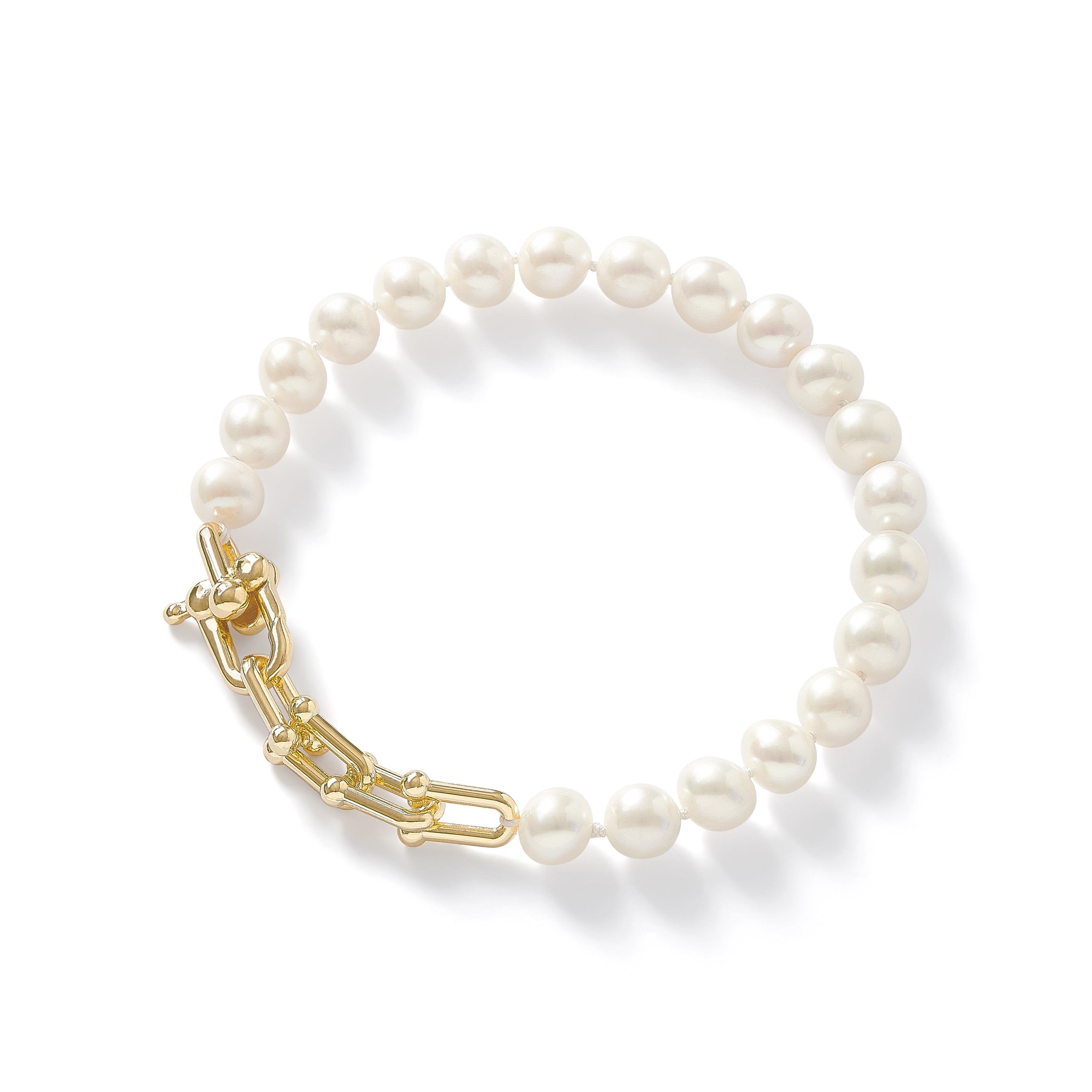 Pearls Of The Orient Online Women's White Gratia Cultured Freshwater Pearl Bracelet With Chunky Gold Fill Chain Feature