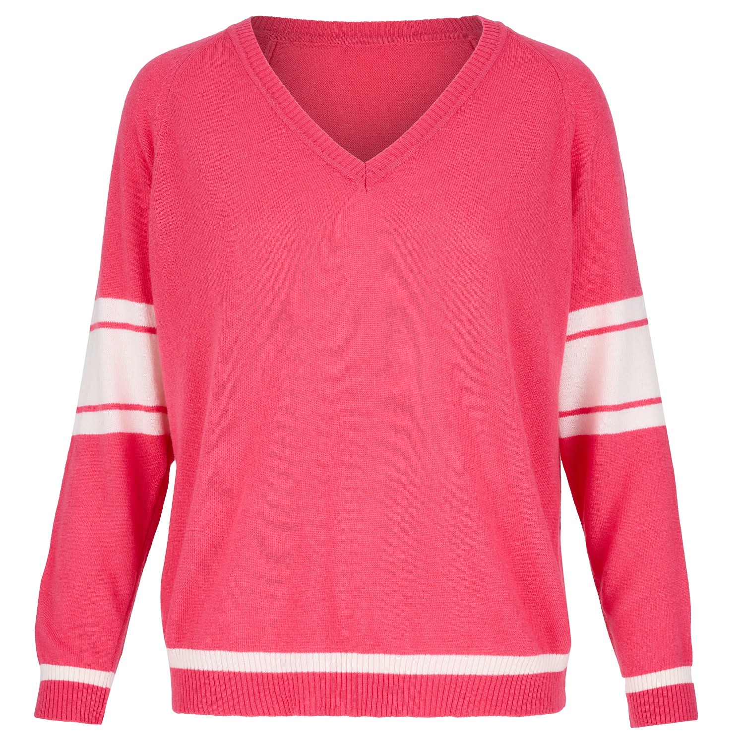 Women’s Pink / Purple Cashmere Mix Sweater In Coral With Cream Arm & Hem Stripes One Size At Last...