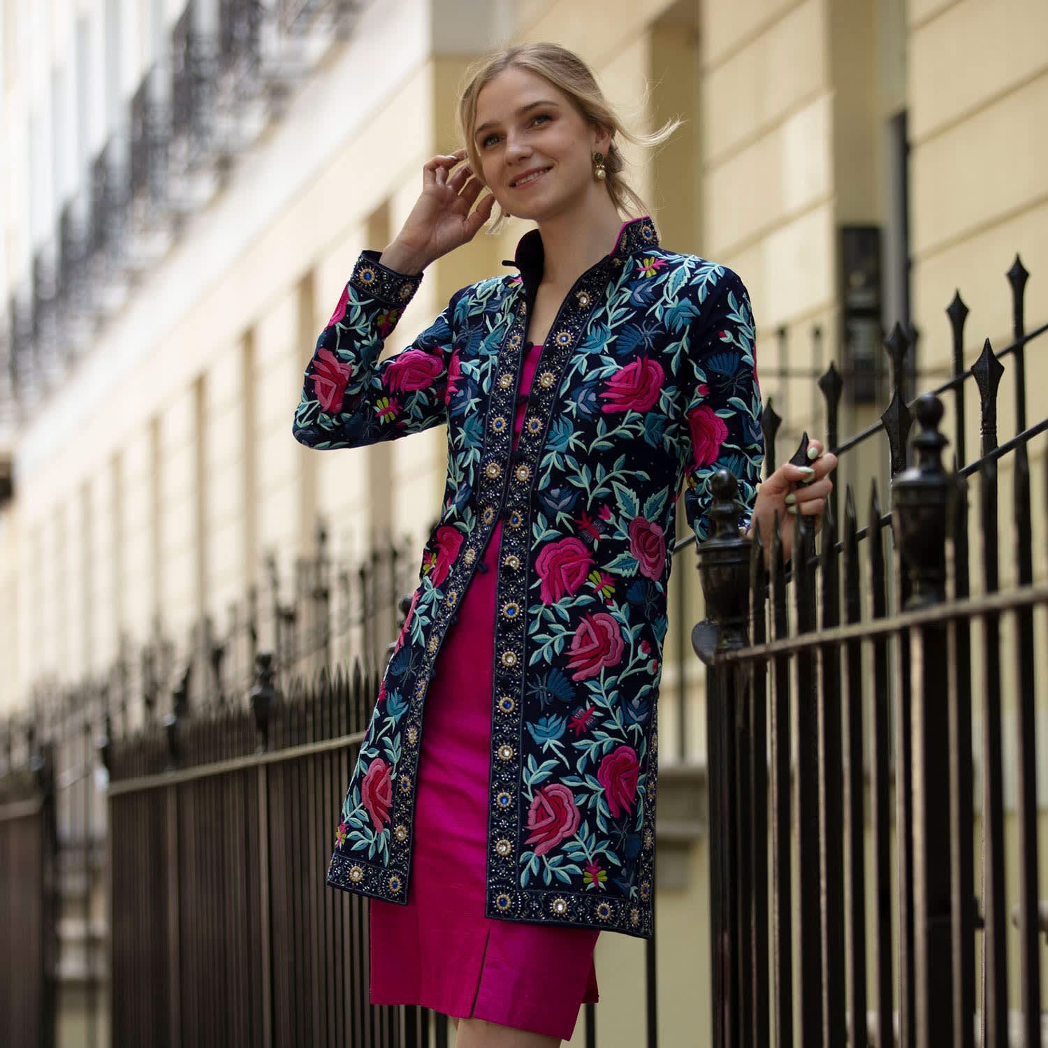 Navy Rosenspot Embroidered Silk Georgette Jacket | Beatrice von