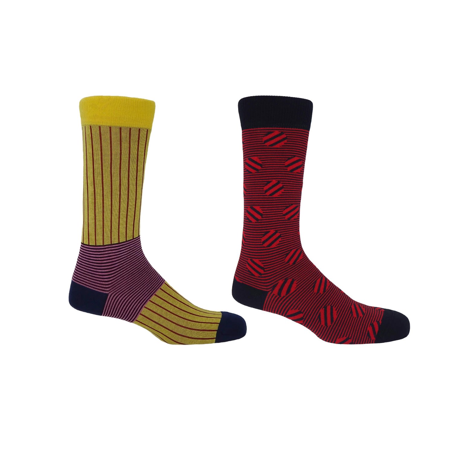 Yellow Oxford Stripe & Cherry Polka Stripe Men’s Socks 2 Pack One Size Peper Harow - Made in England