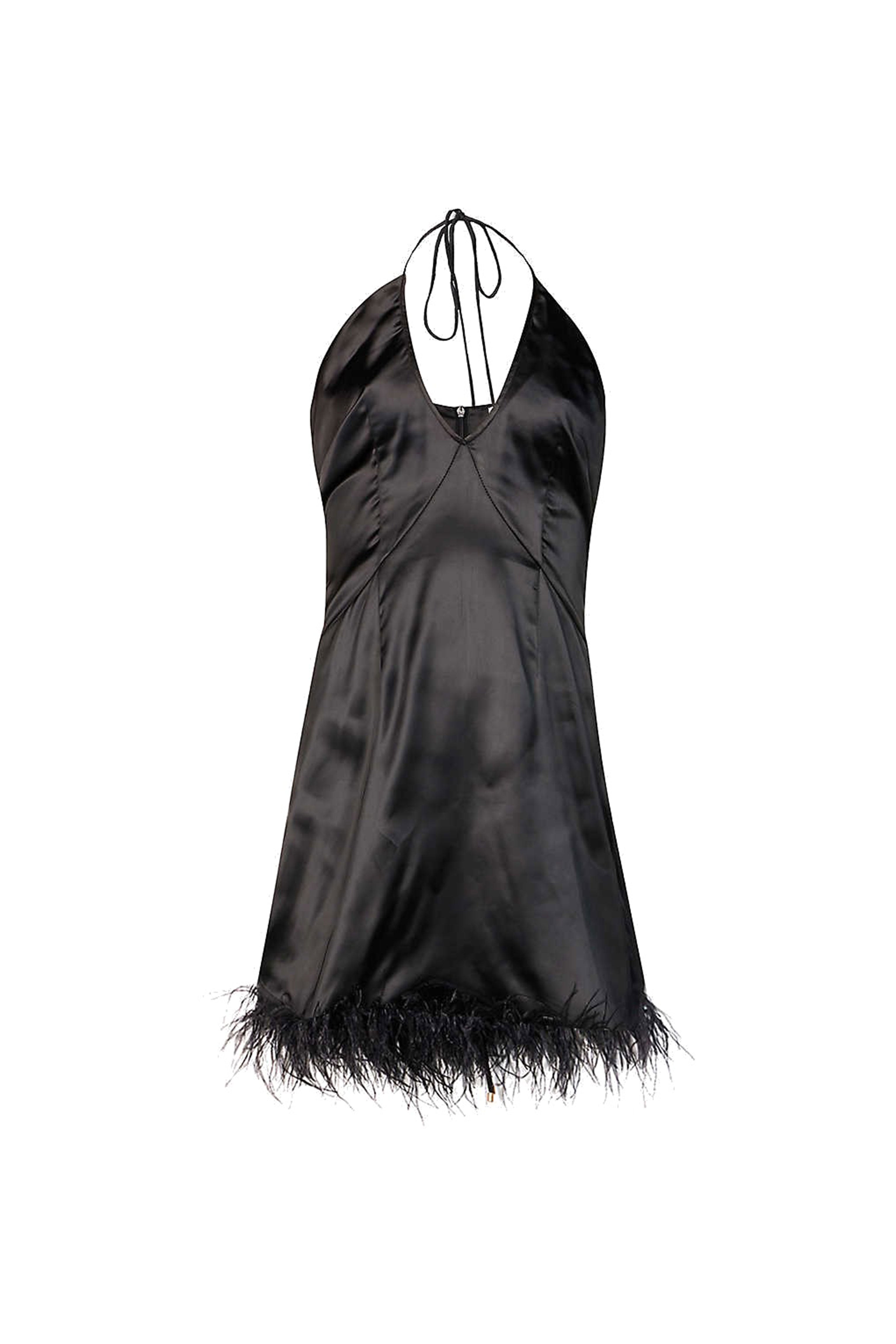 Amy Lynn Women's Aaesha Black Satin Faux Feather Trim Dress