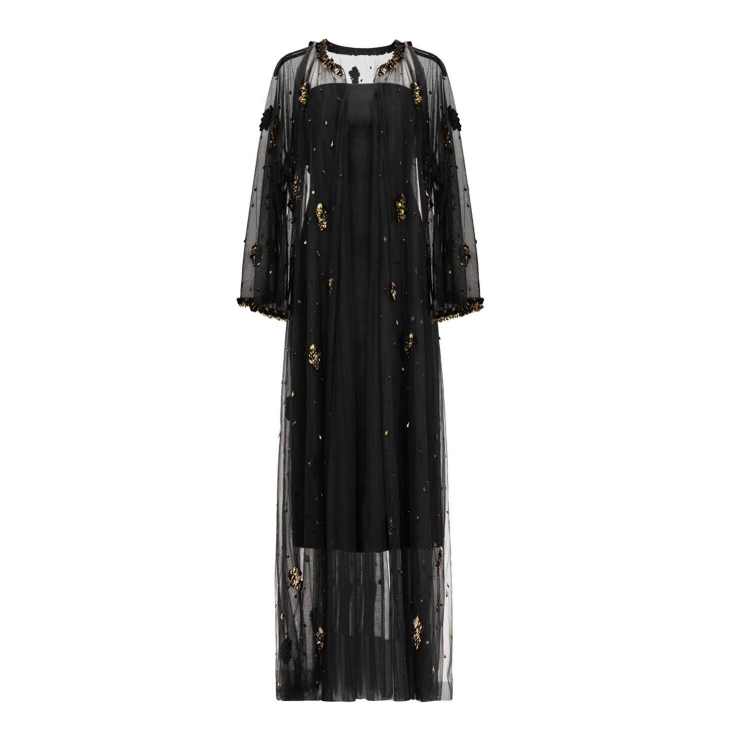 Azzalia Women's Tulle Cape With Full Length Metal Embroidery In Black