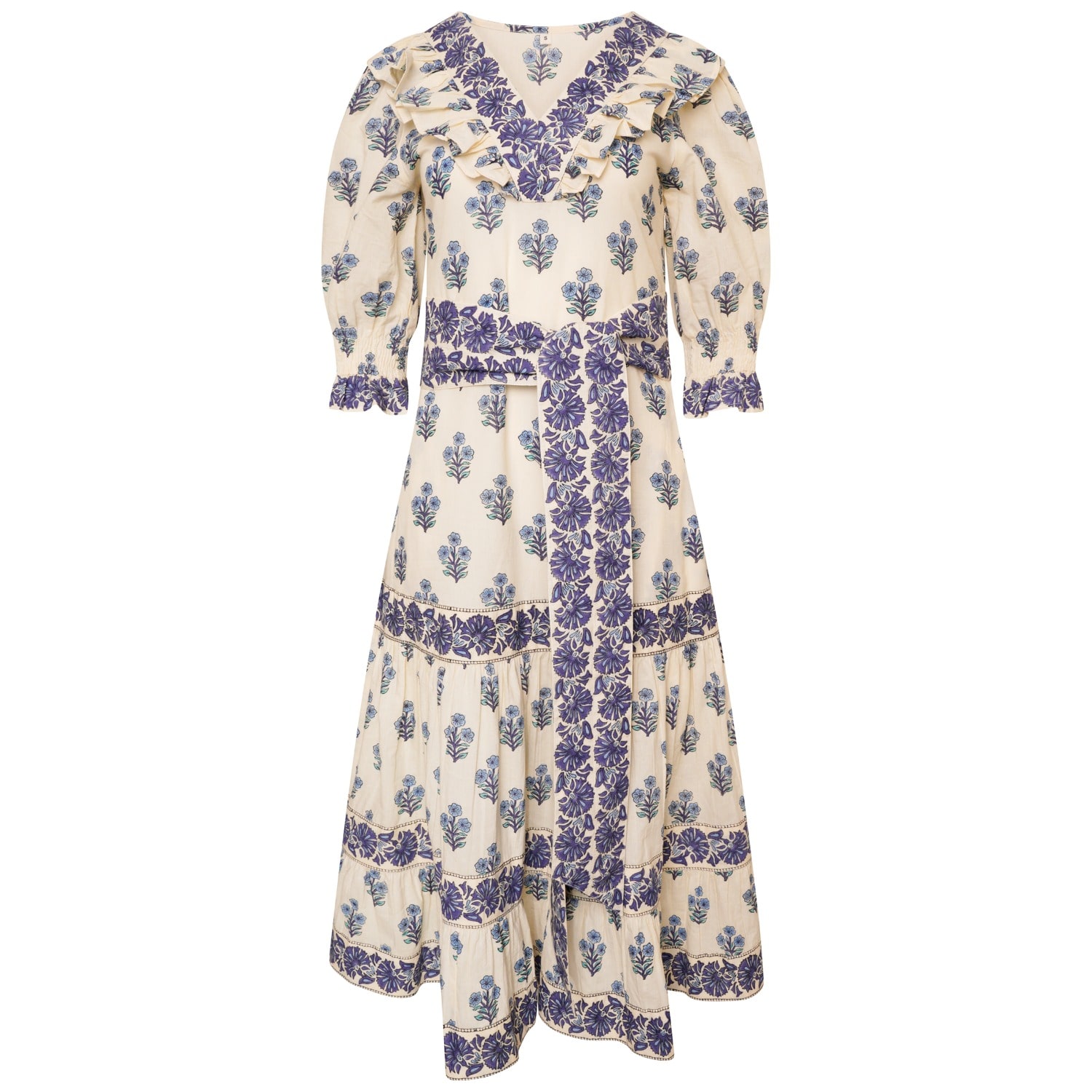 Women's White Blue Floral Block Print Cotton Midi Dress | Medium | Latelier London