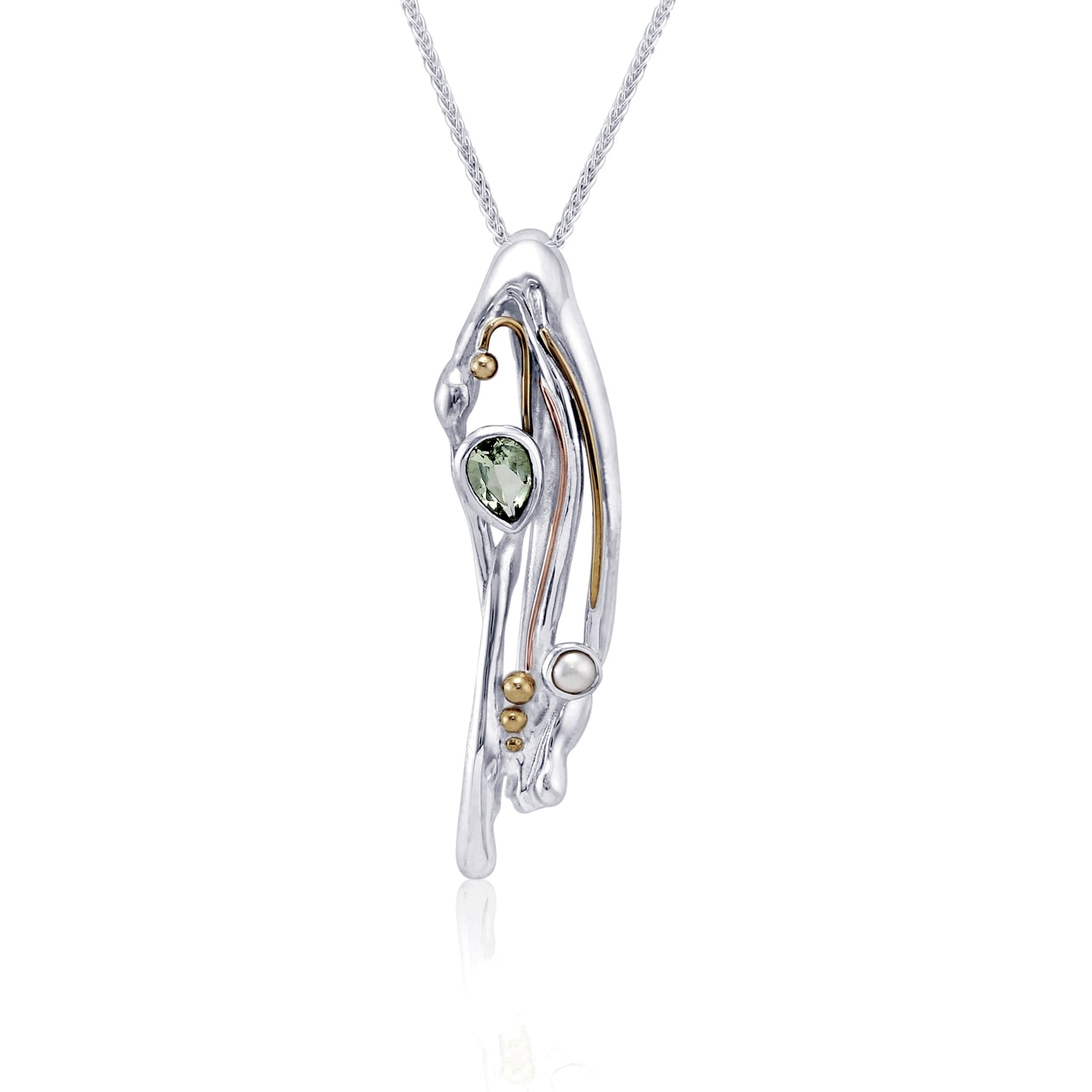 Isla Silver Women's Green / Silver Flowing Silver Pendant With Green Amethyst & Pearl