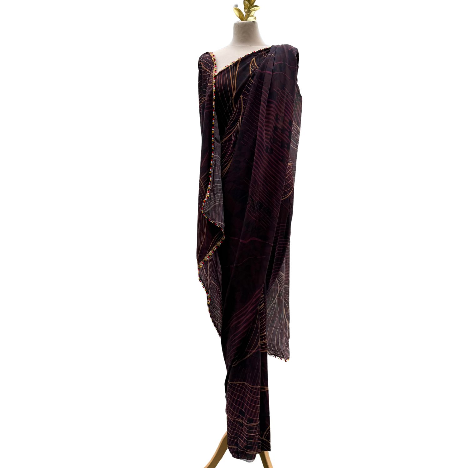 Nesavaali Women's Brown Judy Pre-stitched Printed Sari - Ready To Wear In Brown