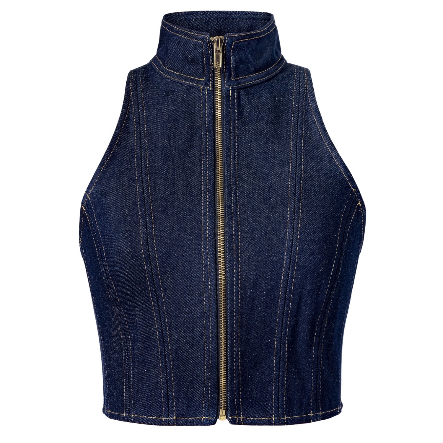 Kargede Blue Women's Cropped Denim Vest - Bodycon Zip Up Designer Jean Top In Blue