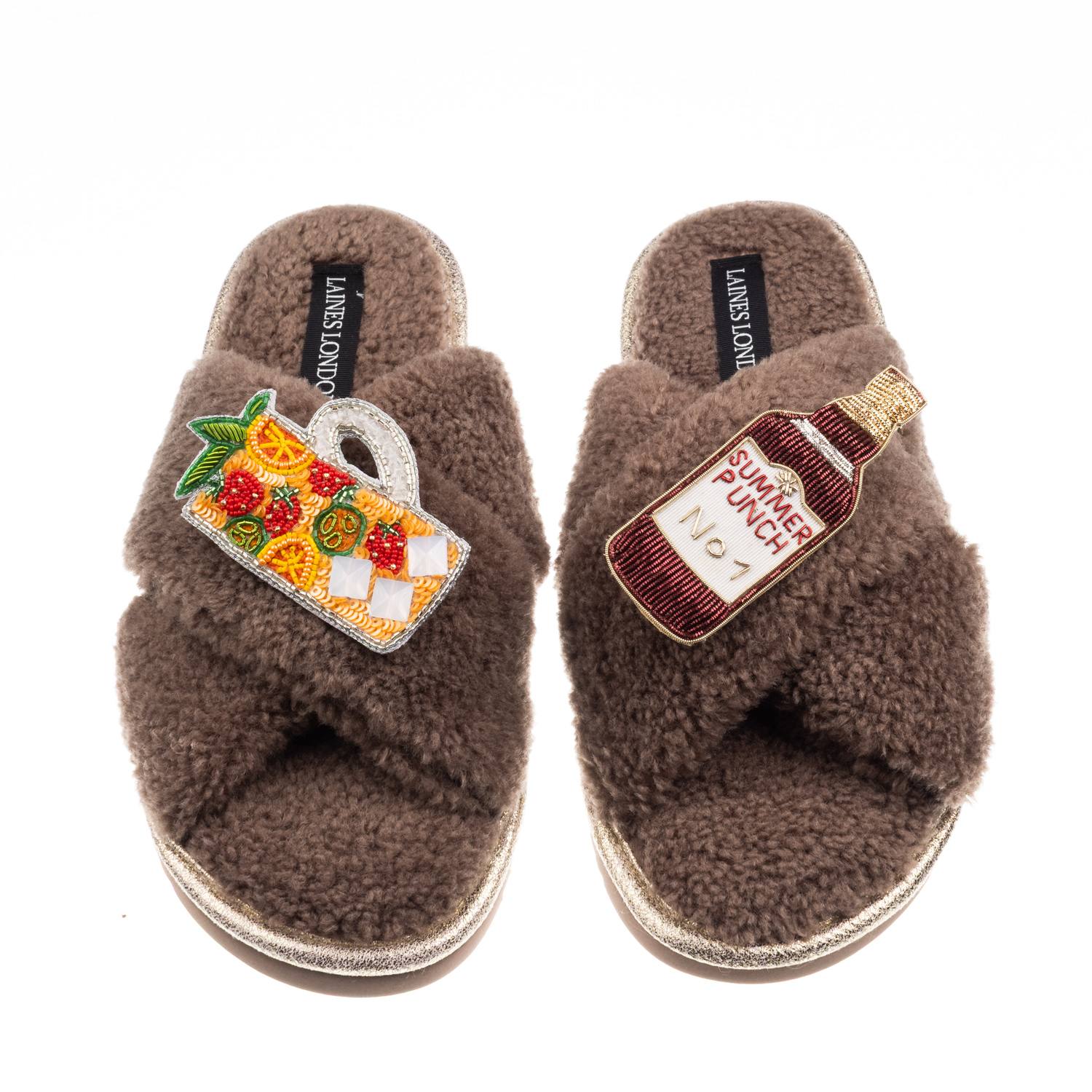 Laines London Women's Brown / Neutrals Laines Neutral Boucle Slippers With Summer Punch Brooches - Mink In Brown