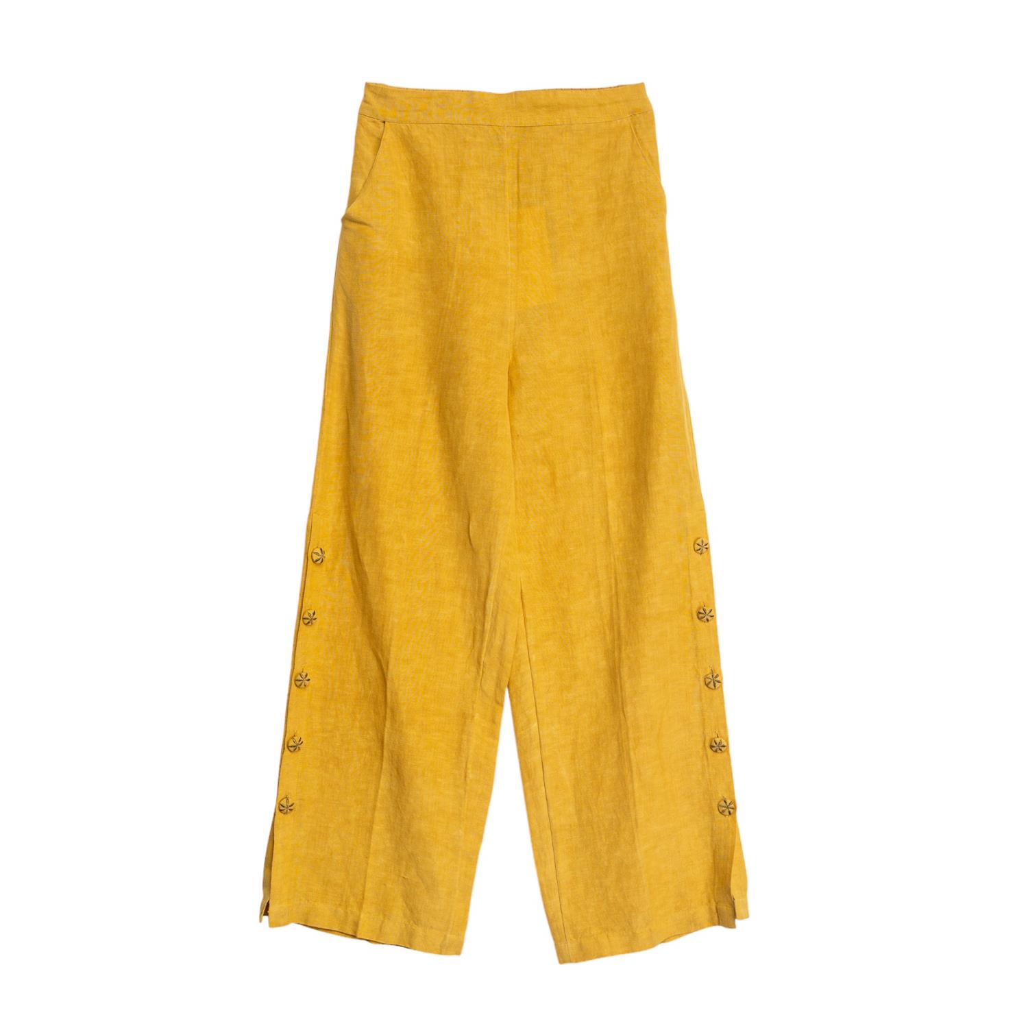 Women’s Yellow / Orange Wide Linen Trousers With Buttons Mustard Large Niza