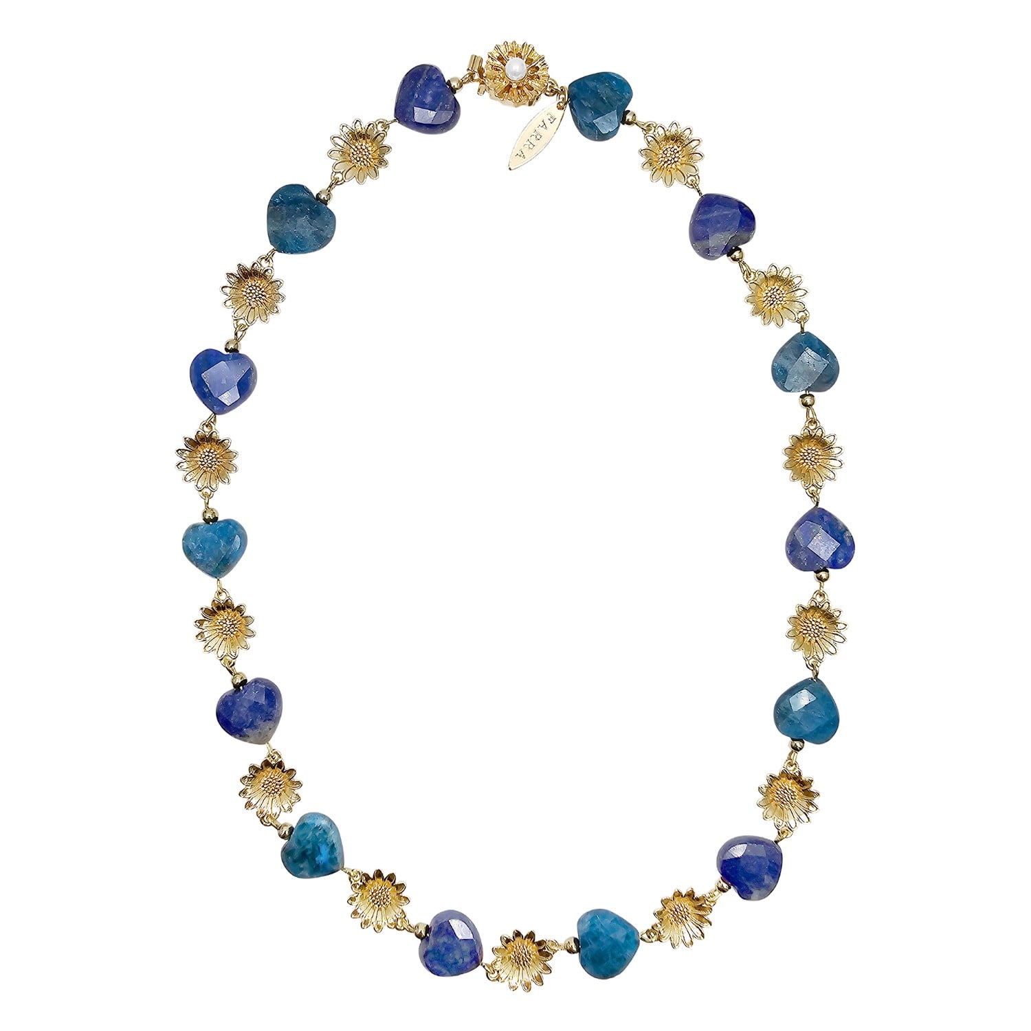 Farra Women's Heart Blue Gemstone With Flower Charms Statement Necklace