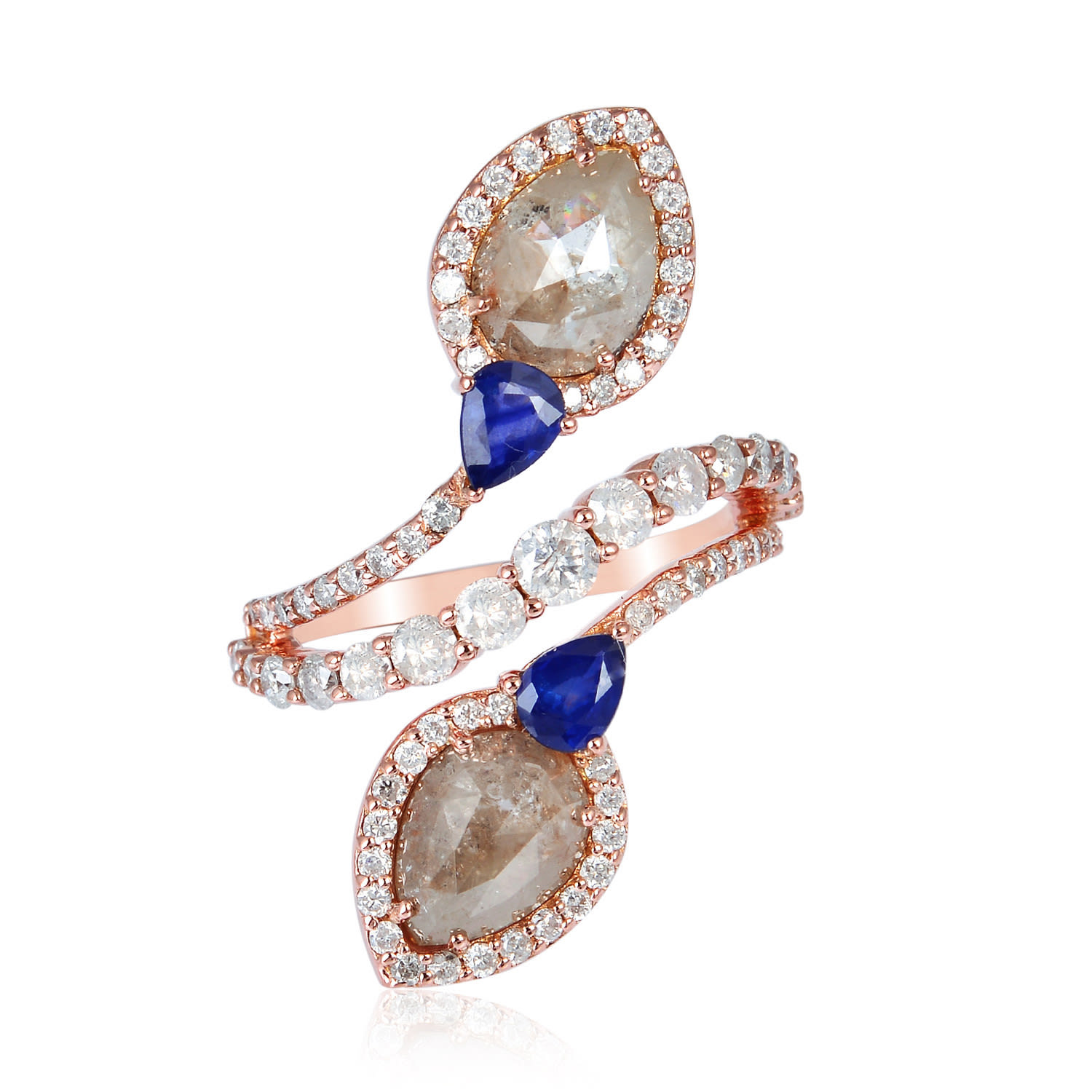Artisan Women's White / Rose Gold / Blue Luxury Ice Diamond And Sapphire Bypass Ring In Rose Gold In Gray