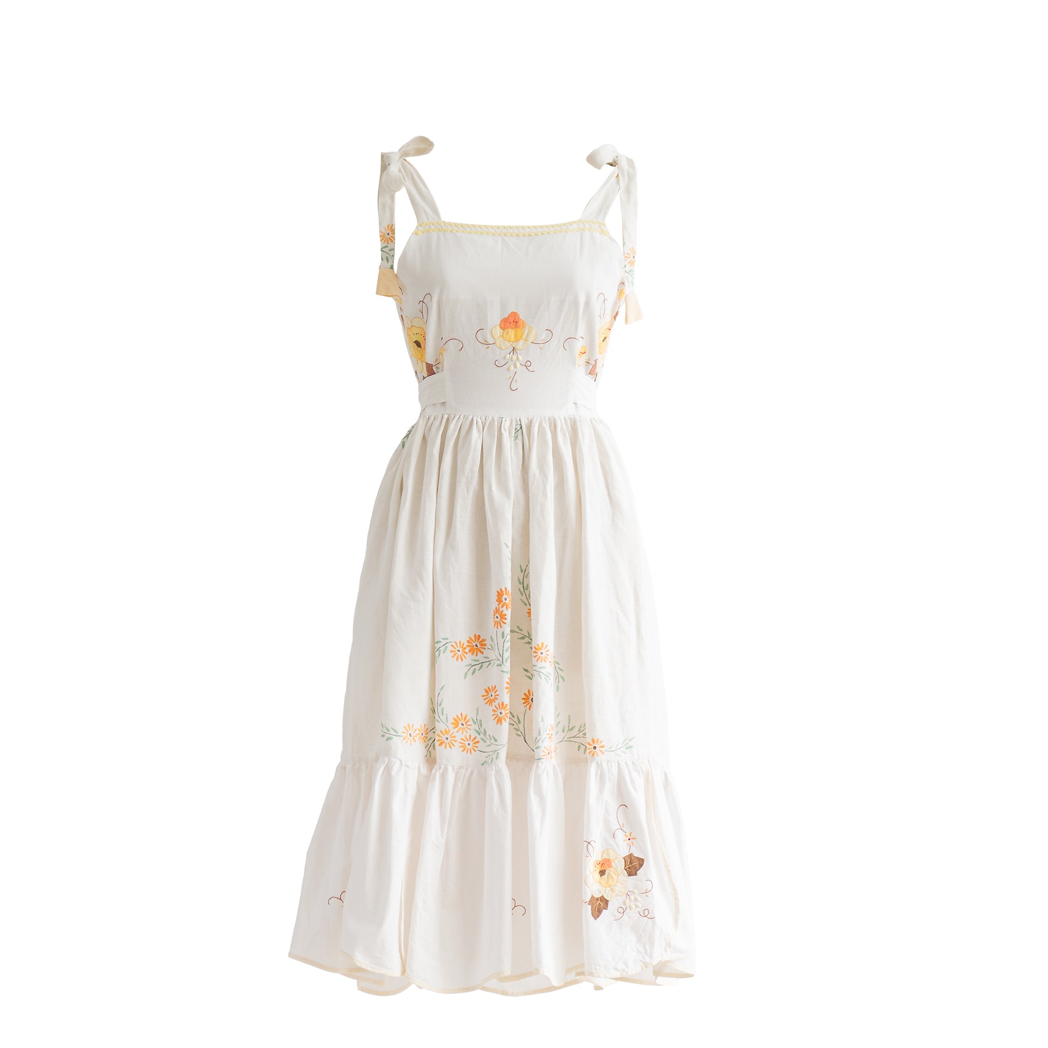 Sugar Cream Vintage Women's White Re-design Upcycled Tie Strap Yellow Rose Detail Midi Dress