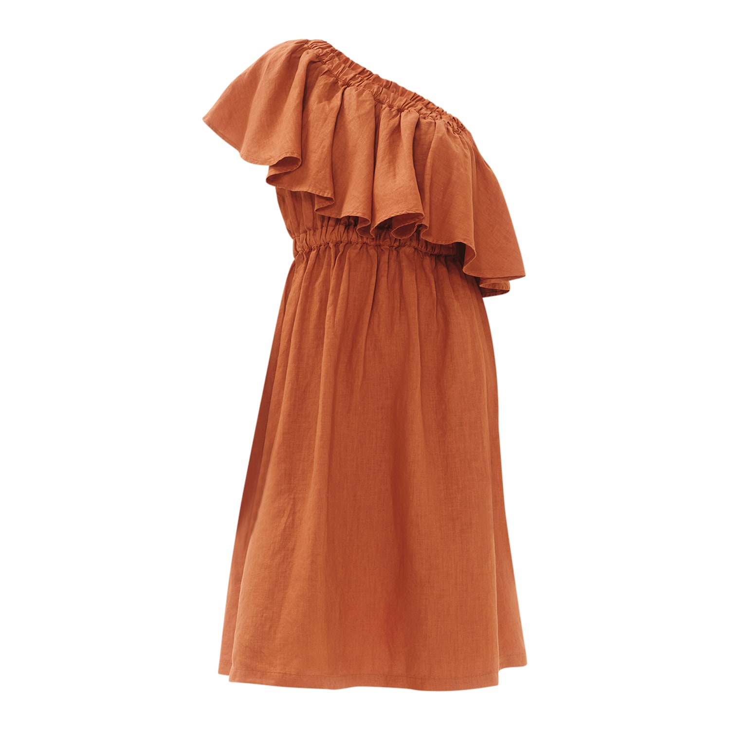 Women’s Brown One Shoulder Midi Linen Dress With Ruffle - Cinnamon Small Haris Cotton