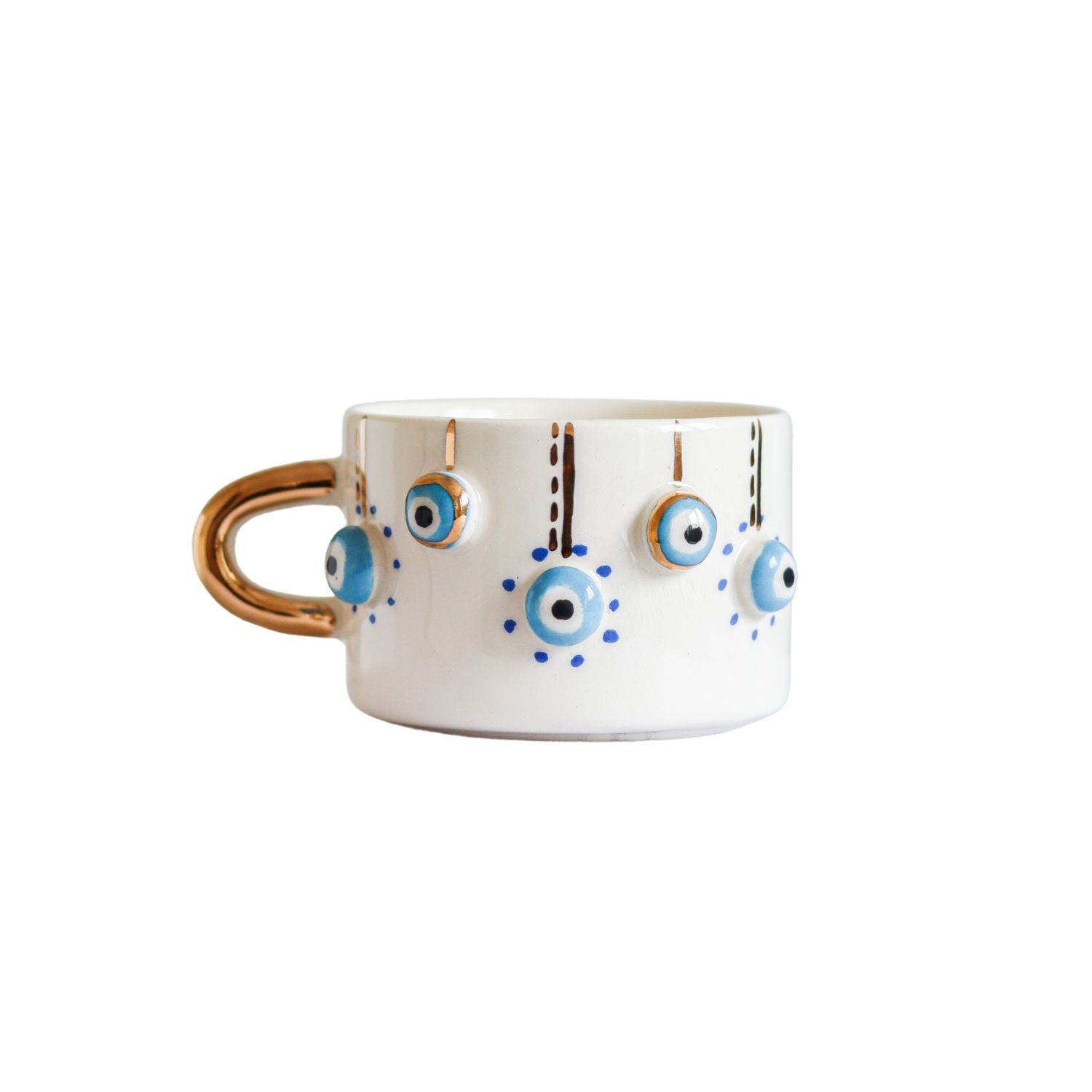 Anatoliacraft White Handmade  Evil Eye Ceramic Mug - Real Gold-plated Handle